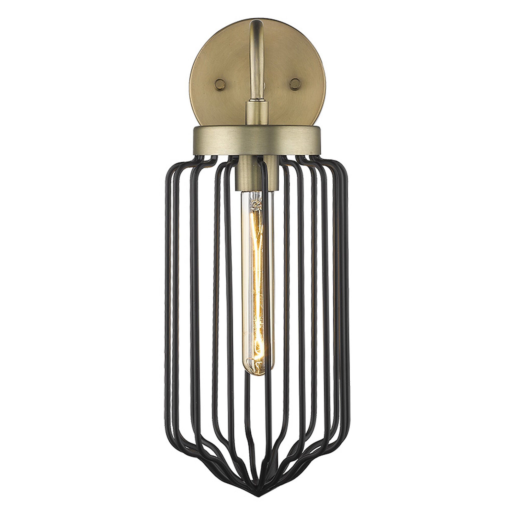 Shown in Aged Brass finish and Black glass and Black, Cylindrical Metal Cage s shade