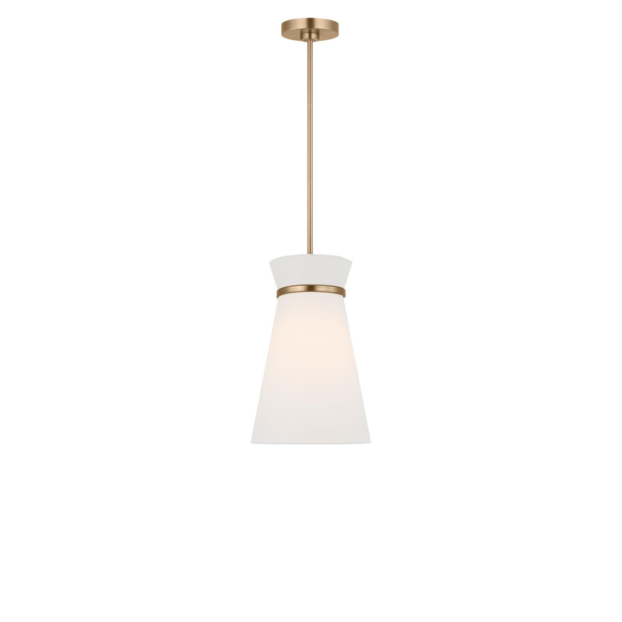 Shown in Satin Brass finish and White Linen shade
