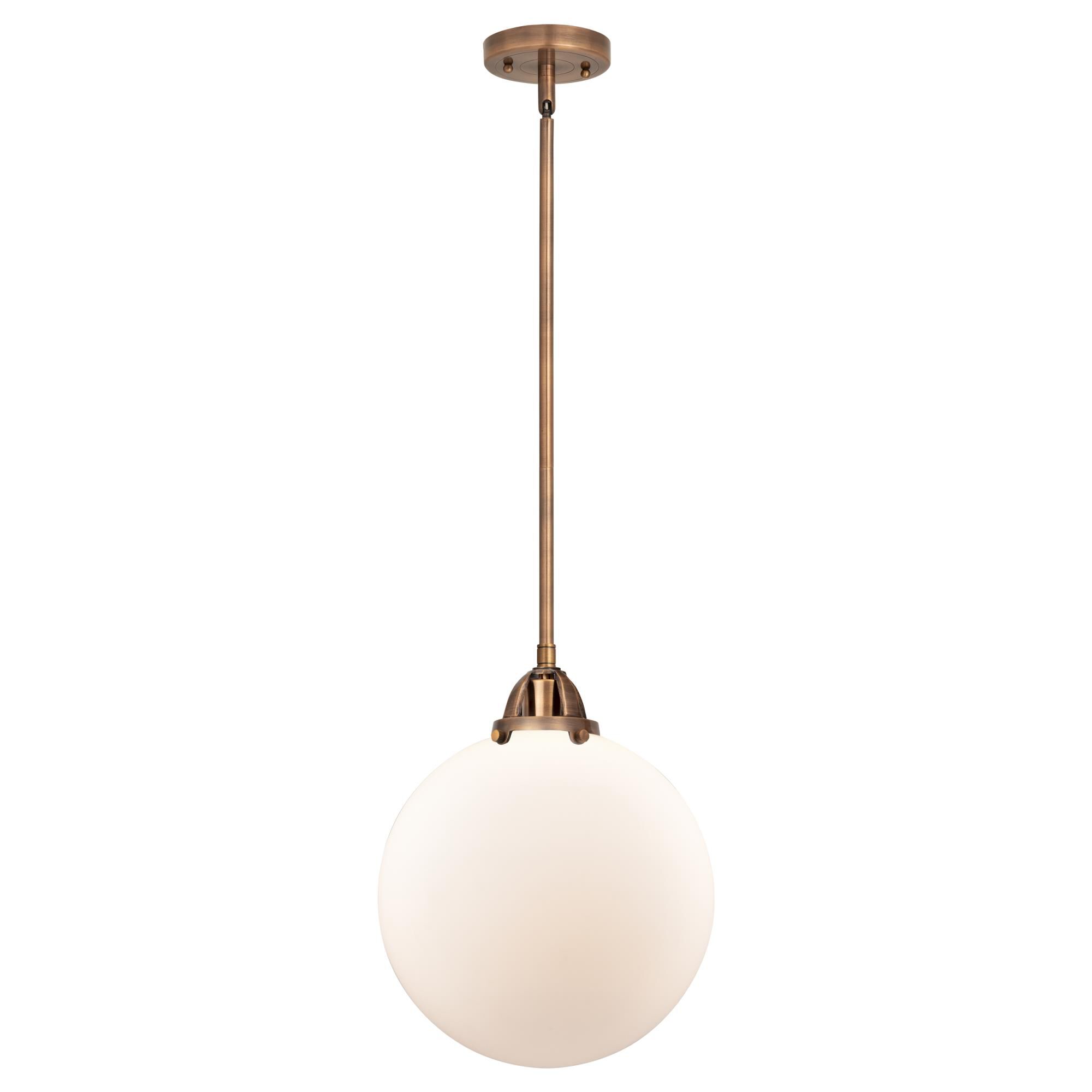 Shown in Antique Copper finish and Matte White Cased Beacon glass and No Shade shade
