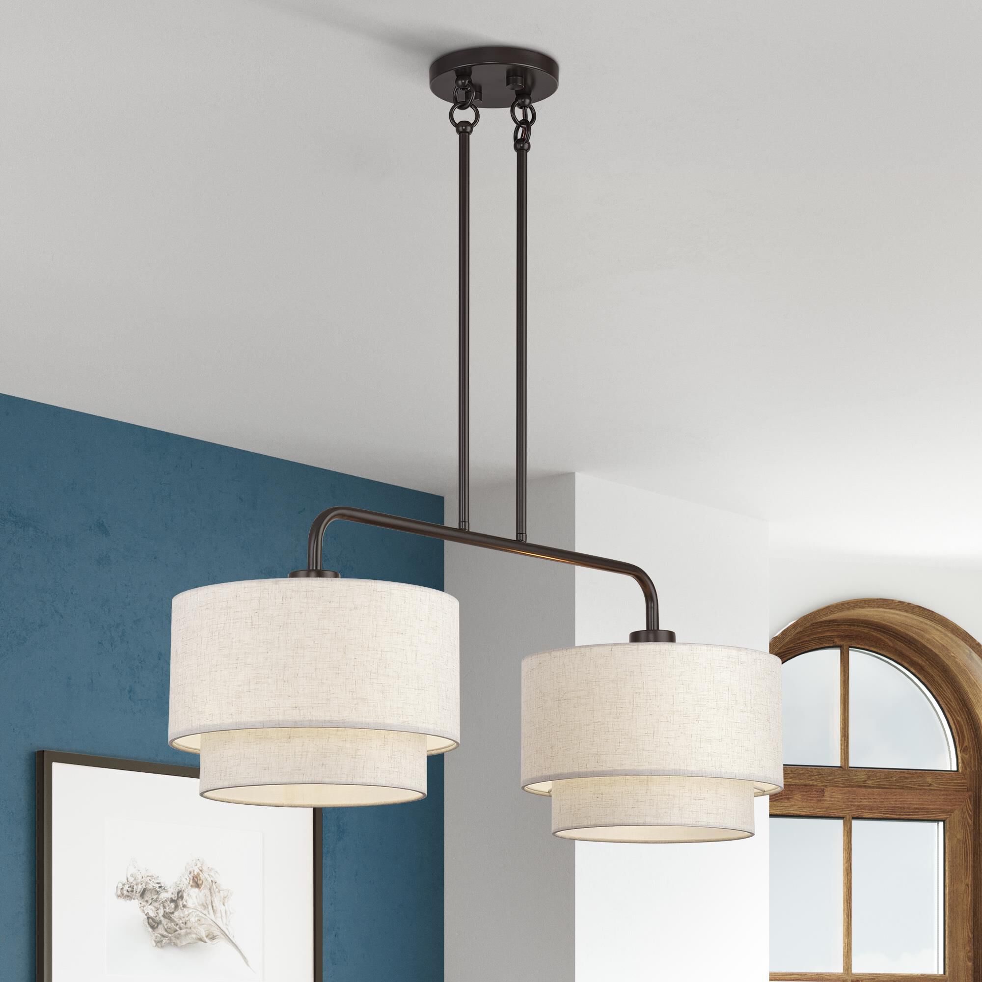 Shown in English Bronze finish and Hand Crafted Oatmeal Color Fabric with White Color Inside shade