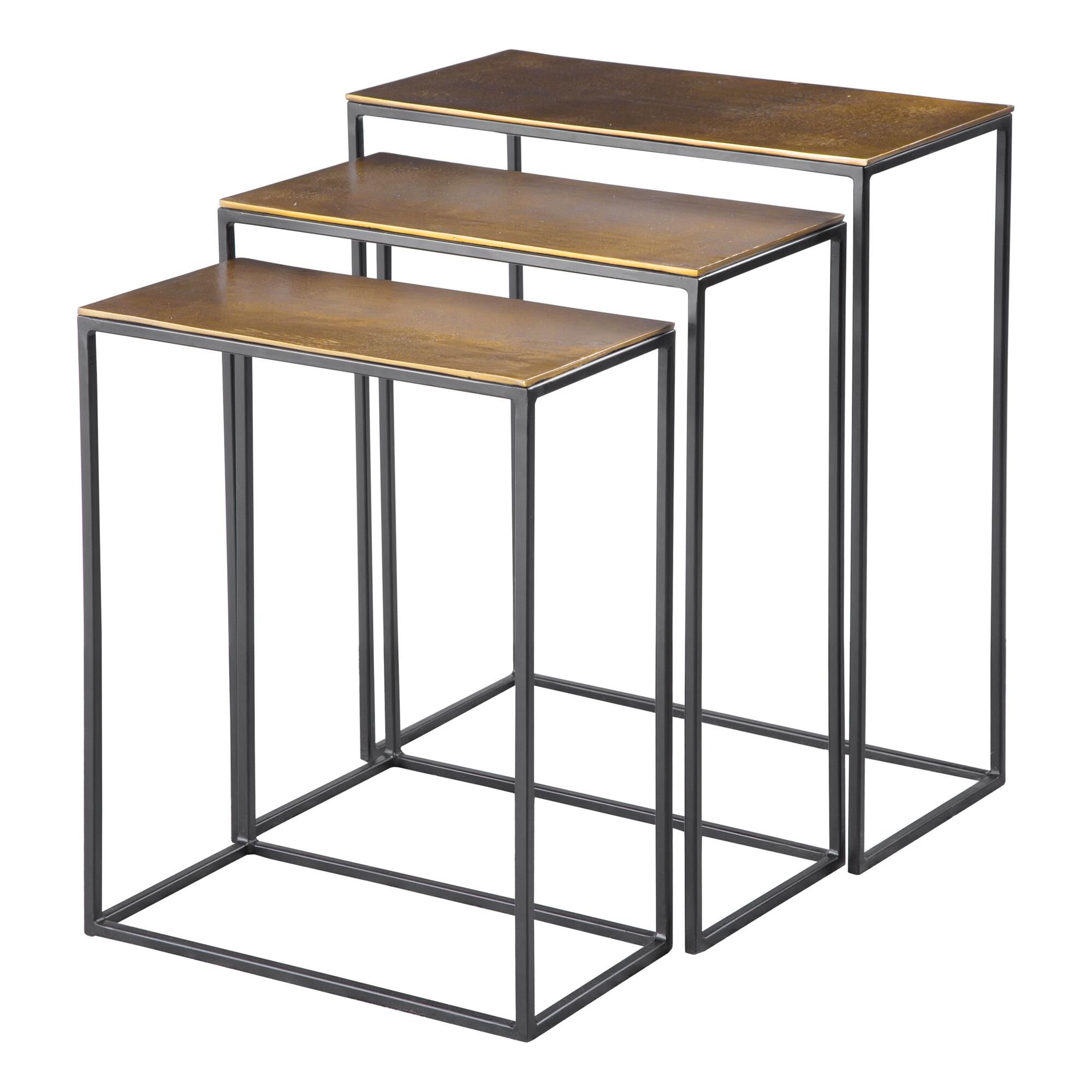 Shown in Functional Nesting Tables Constructed In An Aged Black Iron, Featuring A Cast Textured Aluminum Slab finish