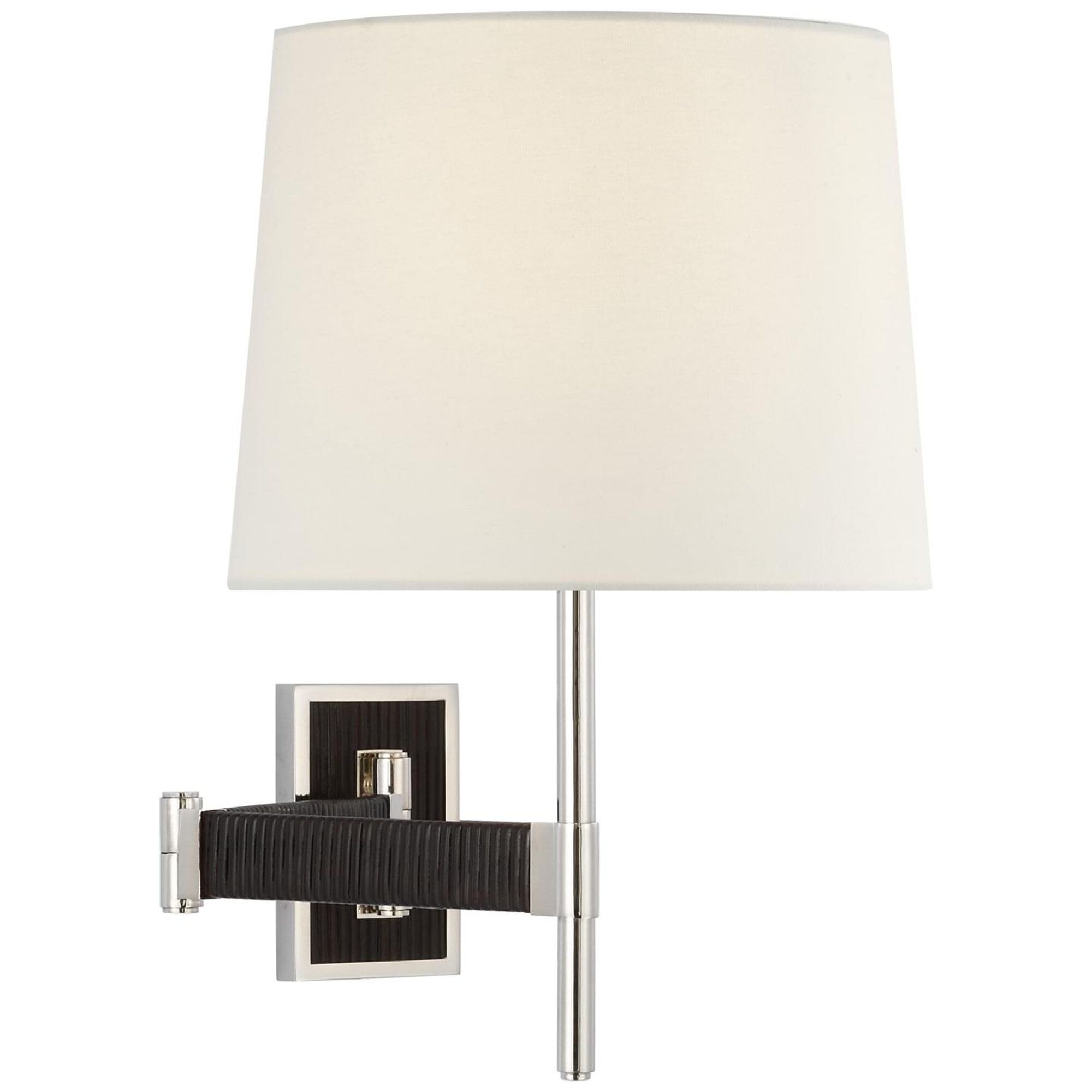 Shown in Polished Nickel and Black Rattan finish and Linen shade
