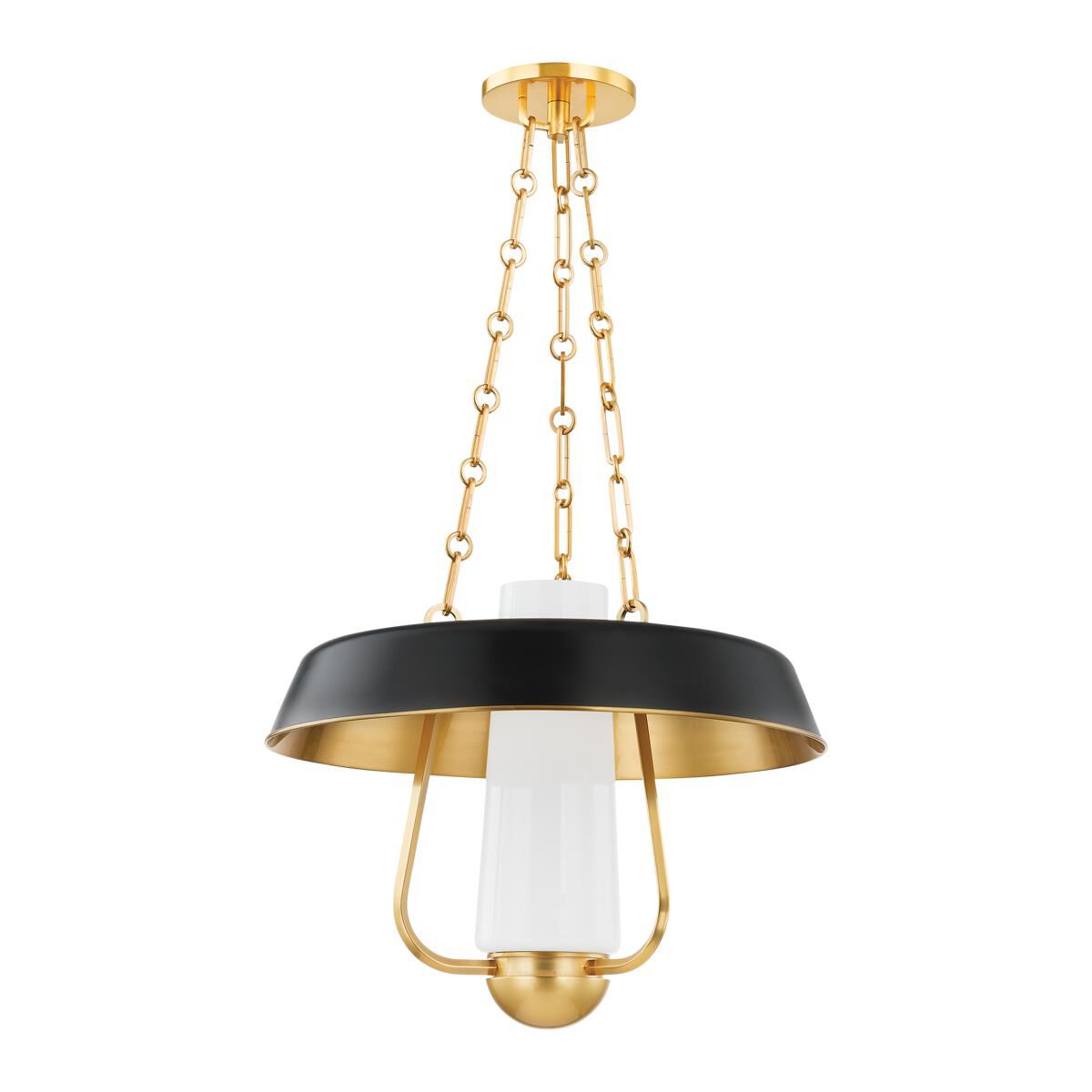 Shown in Aged Brass and Soft Black finish and Opal Shiny glass