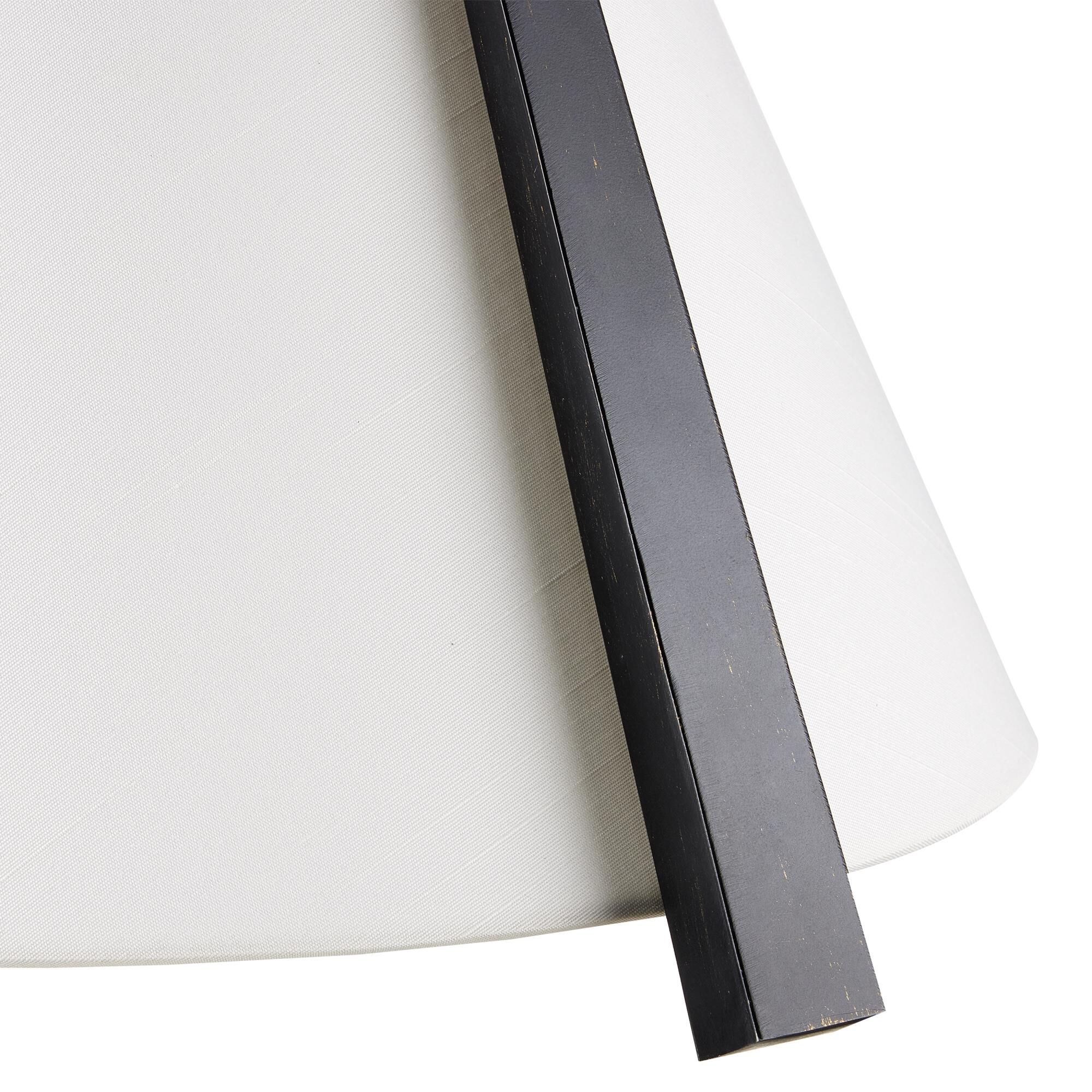 Shown in Satin Black/Brushed Brown finish and Off-White Shantung shade