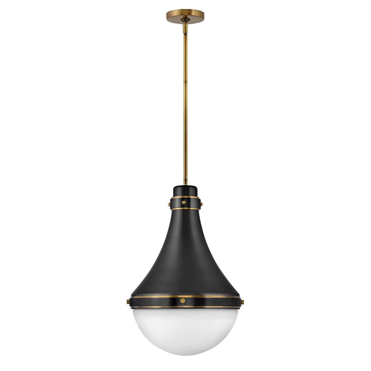 Shown in Black finish and Etched Opal glass and Heritage Brass accent