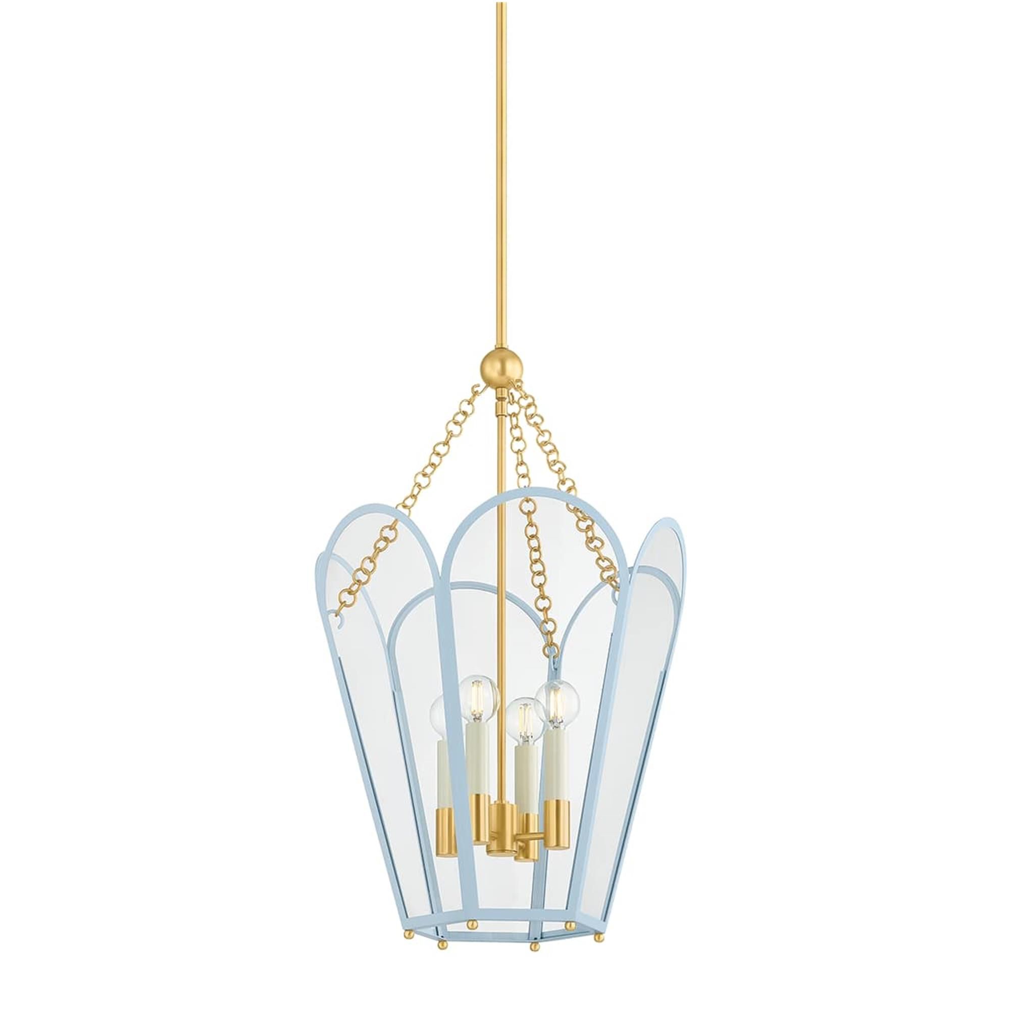 Shown in Aged Brass and Soft Arctic Blue finish and Clear glass