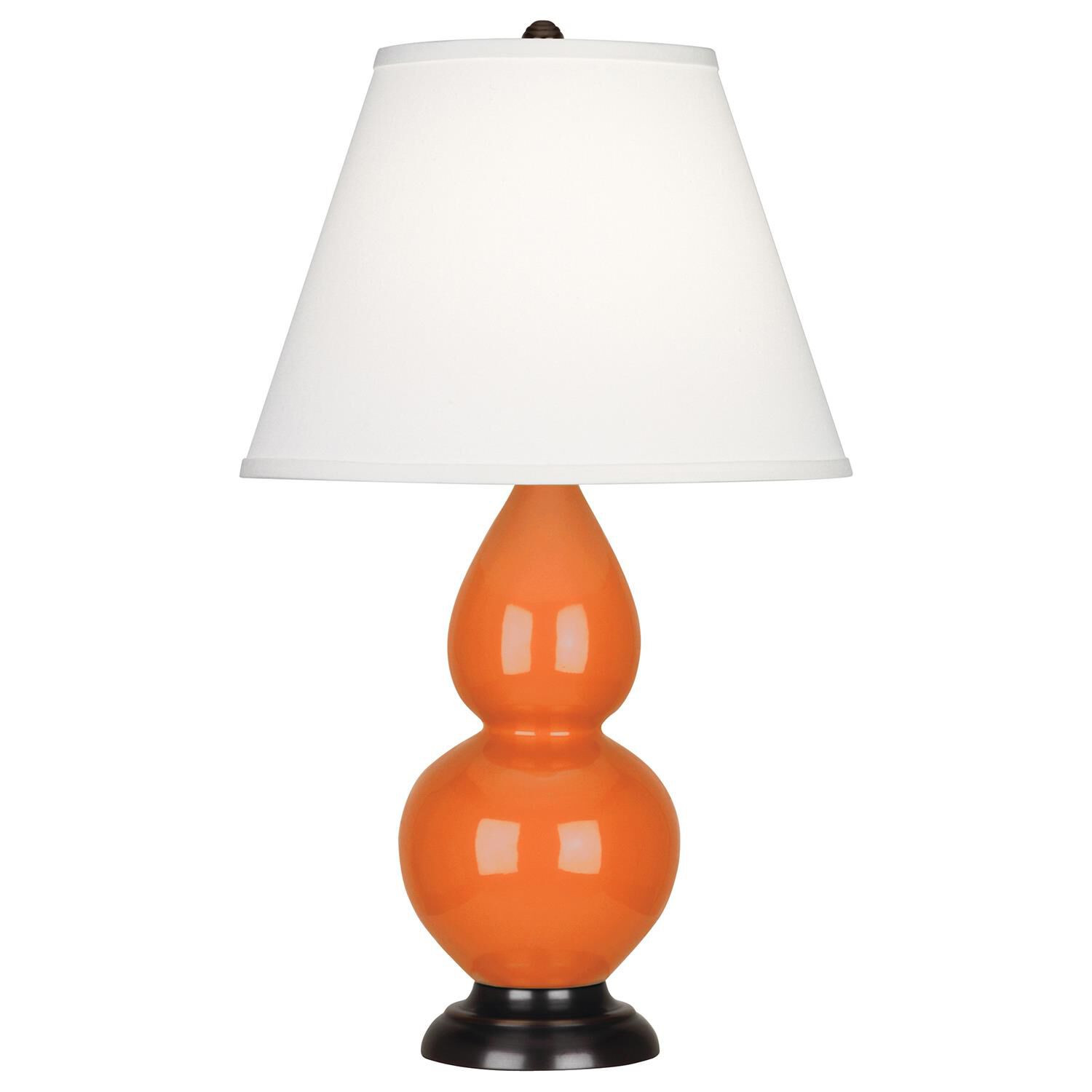 Shown in Pumpkin Glazed Ceramic With Deep Patina Bronze ed Accents finish and Pearl Dupioni Fabric shade