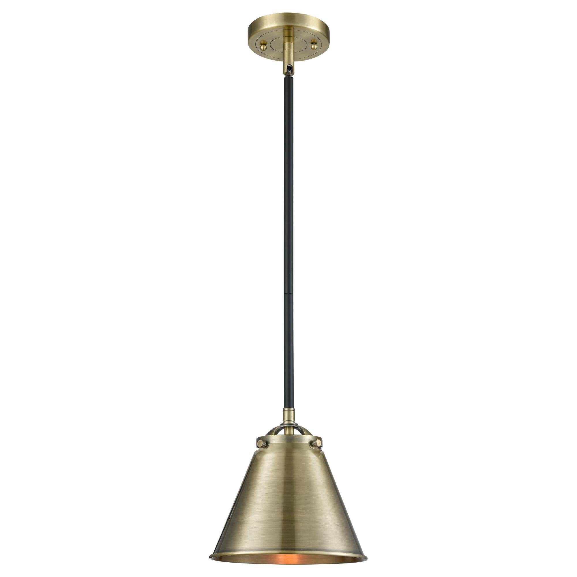 Shown in Black Antique Brass finish and Metal - Antique Brass shade