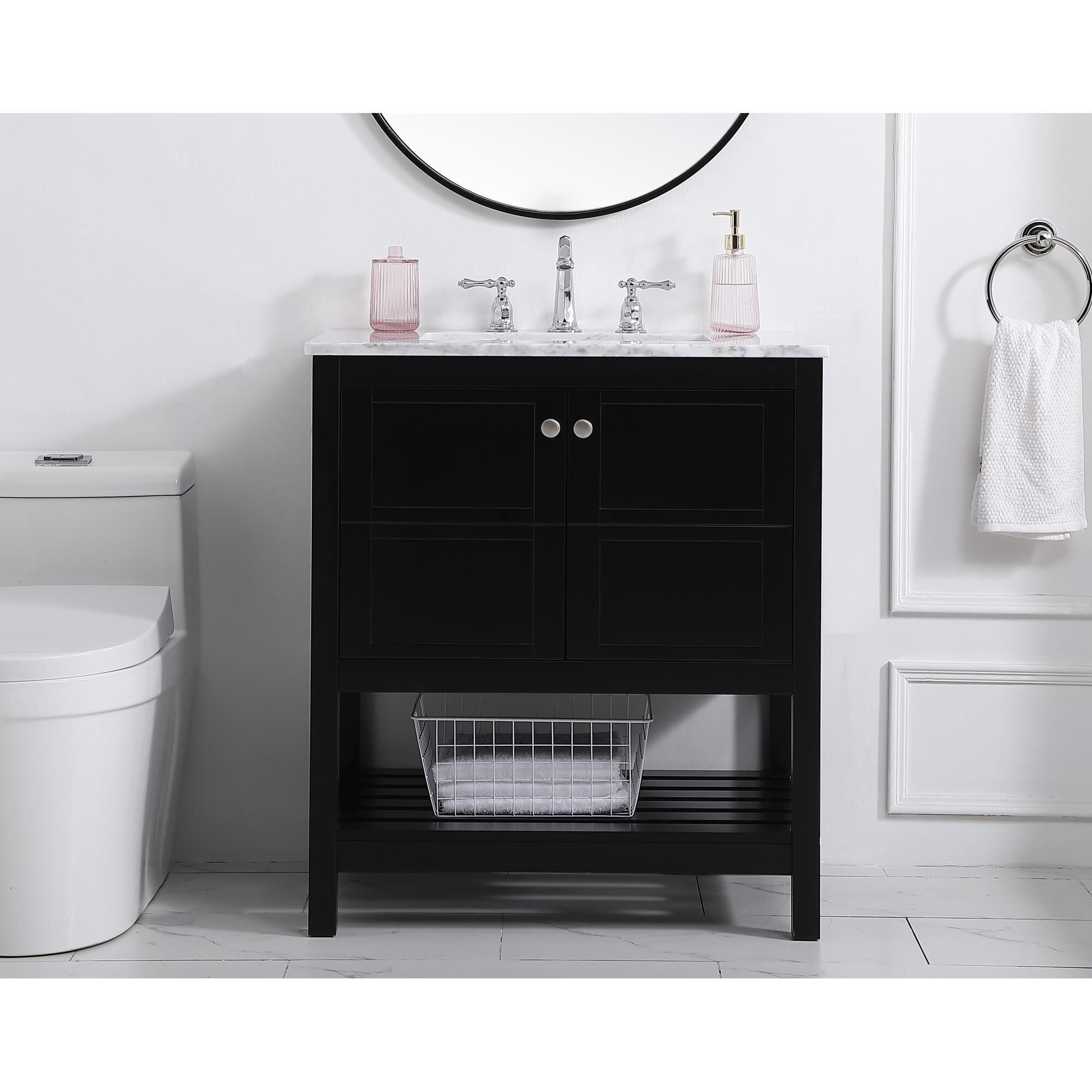 Shown in Black And Brushed Nickel With Carrara White Marble finish