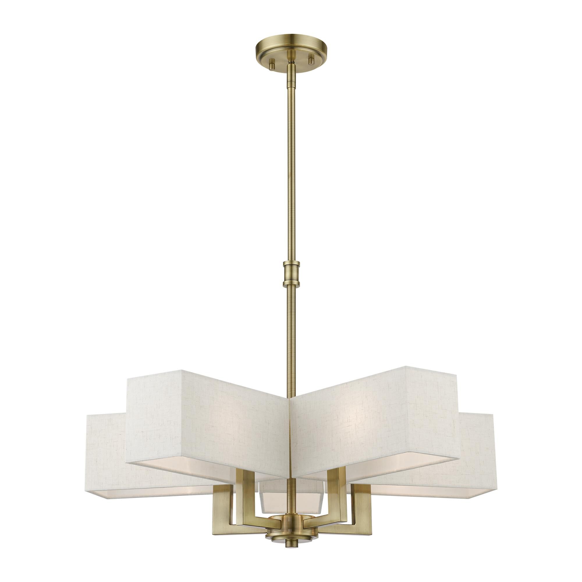 Shown in Antique Brass finish and Hand Crafted Oatmeal Color Hardback Fabric With White Fabric Inside shade