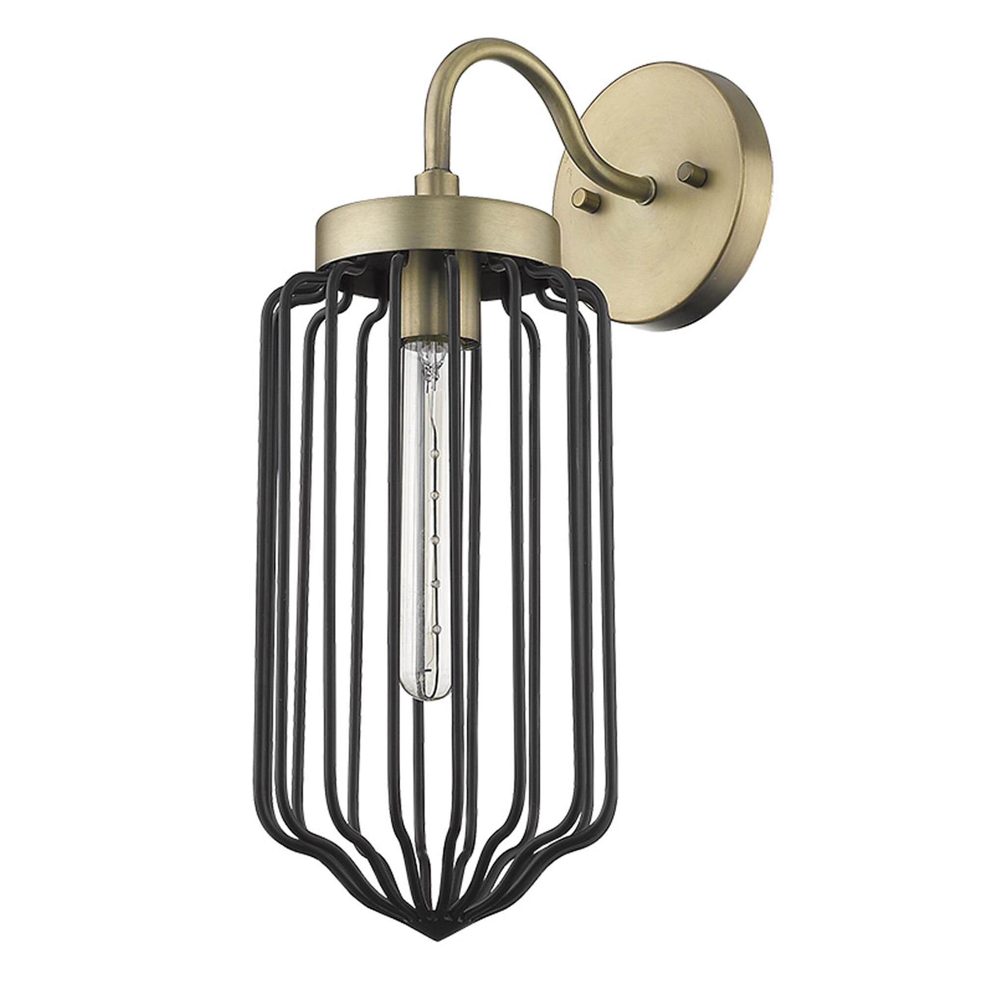 Shown in Aged Brass finish and Black glass and Black, Cylindrical Metal Cage s shade