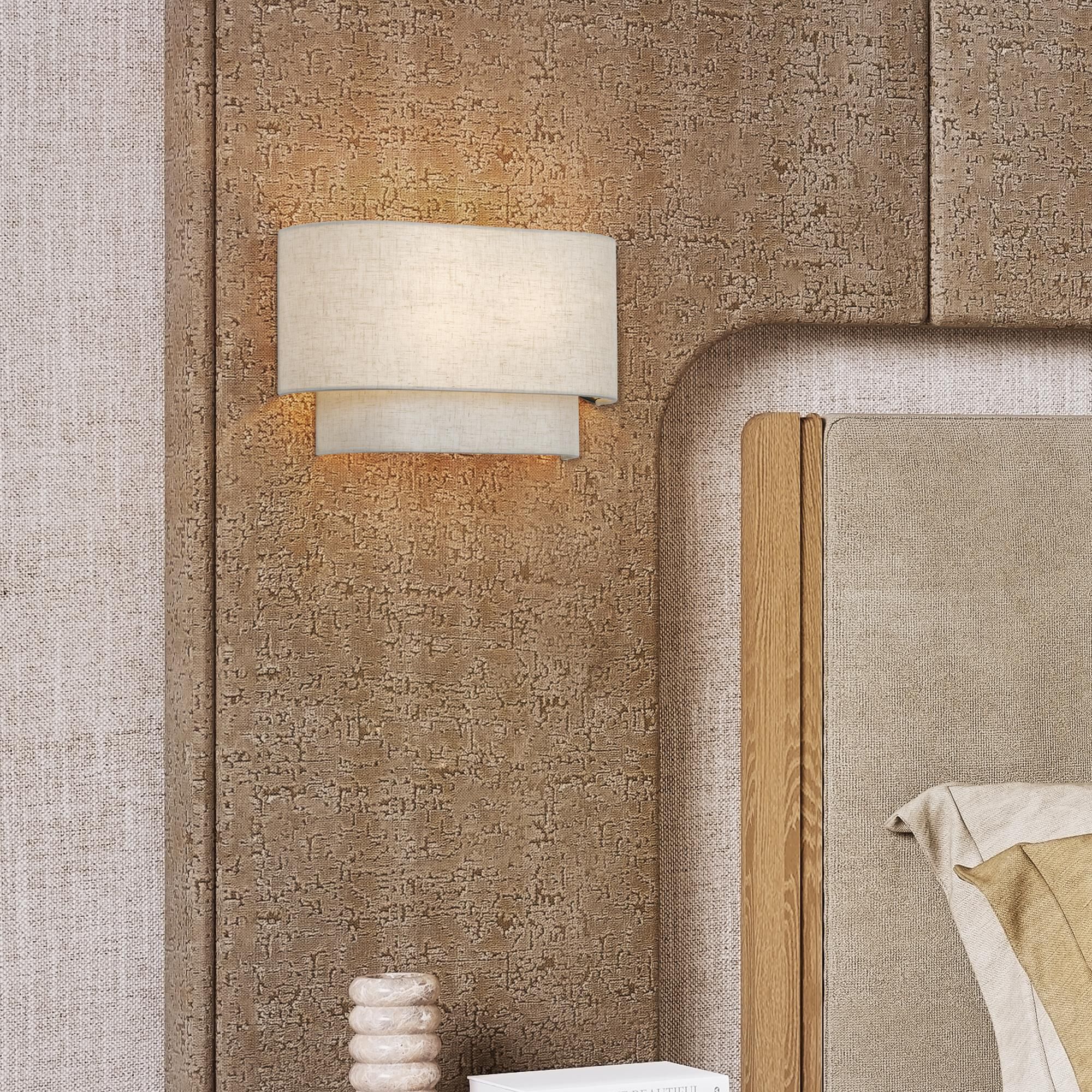 Shown in English Bronze finish and Hand Crafted Oatmeal Color Fabric with White Color Inside shade