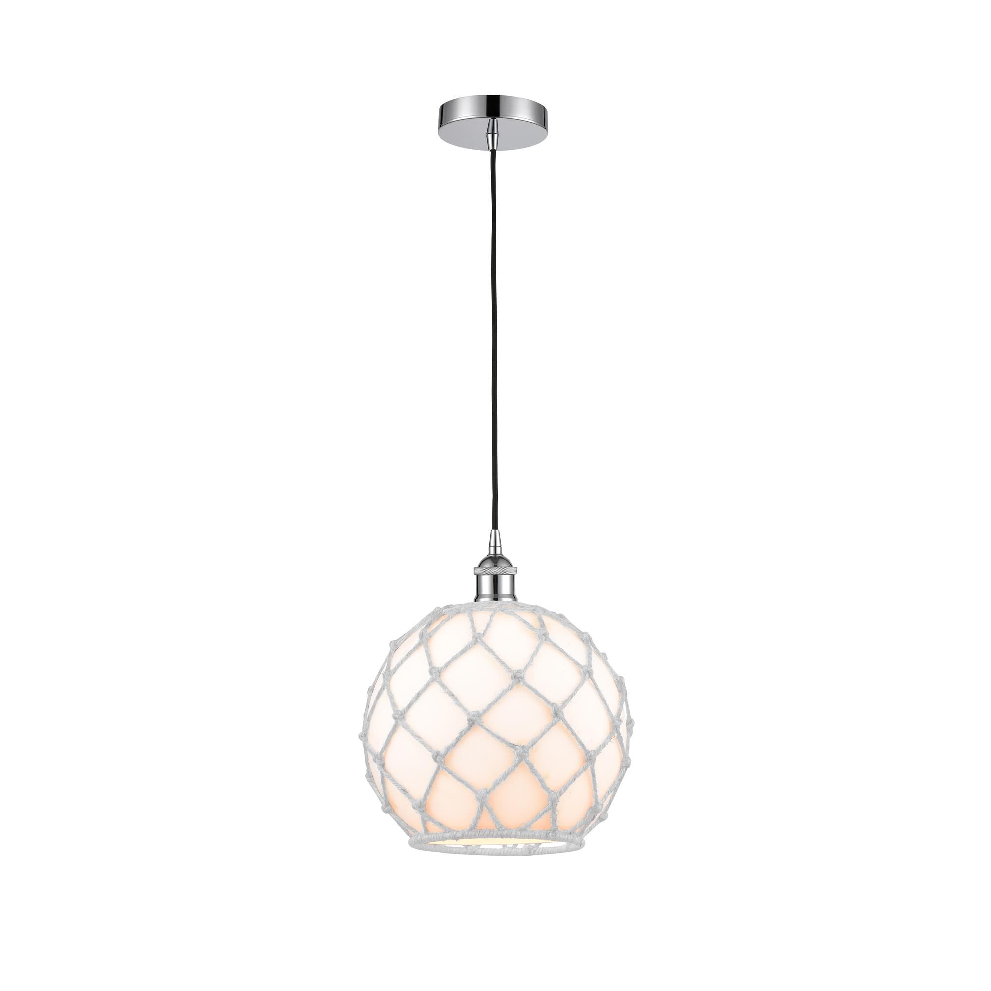Shown in Polished Chrome finish and White Large Farmhouse With White Rope glass