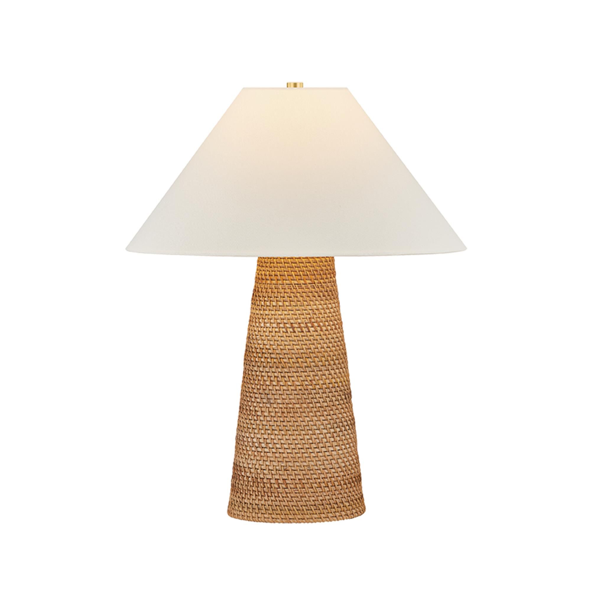 Shown in Aged Brass finish and Rattan Natural Woven shade