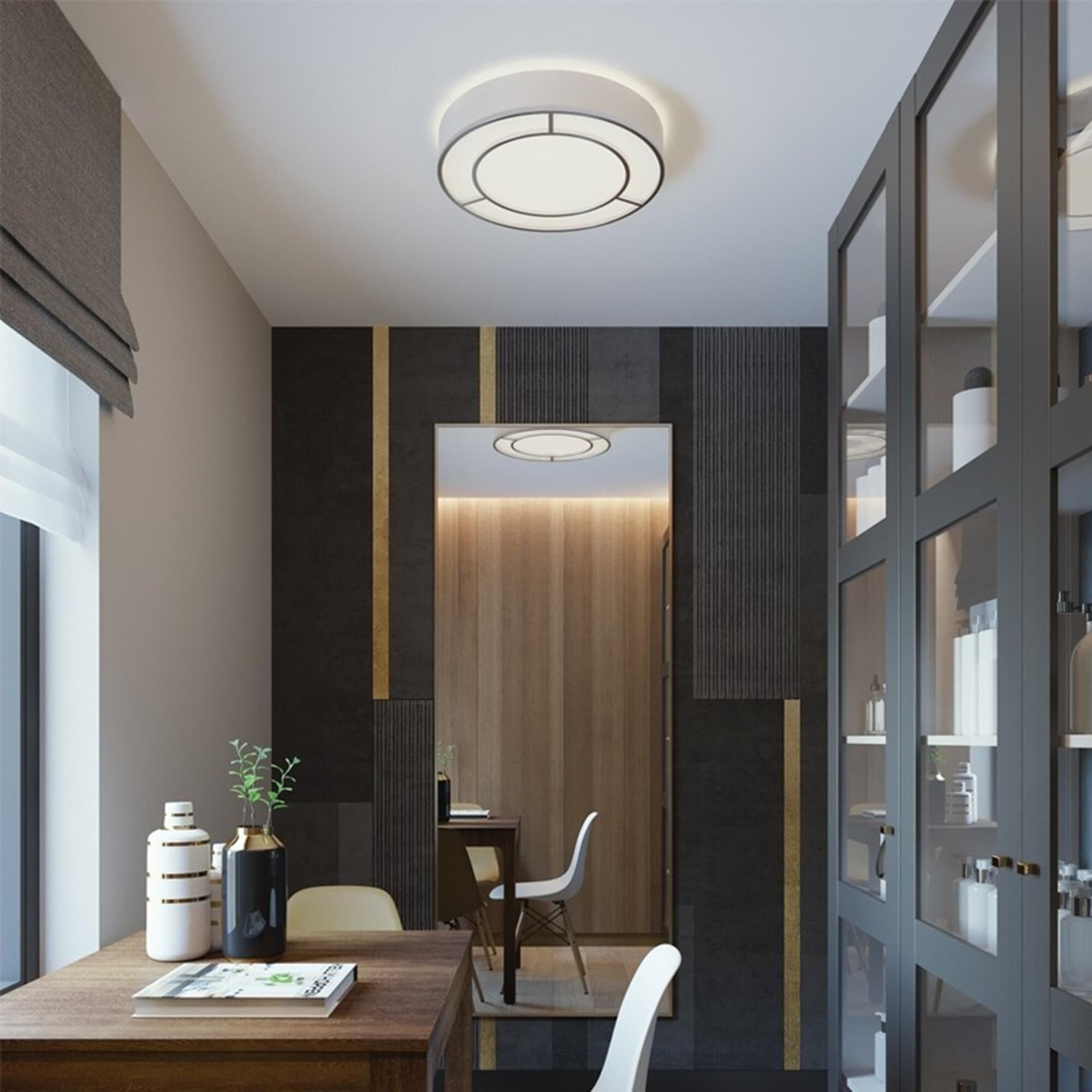 Shown in Satin Nickel finish and White, White Linen, Acrylic shade and No Accent accent