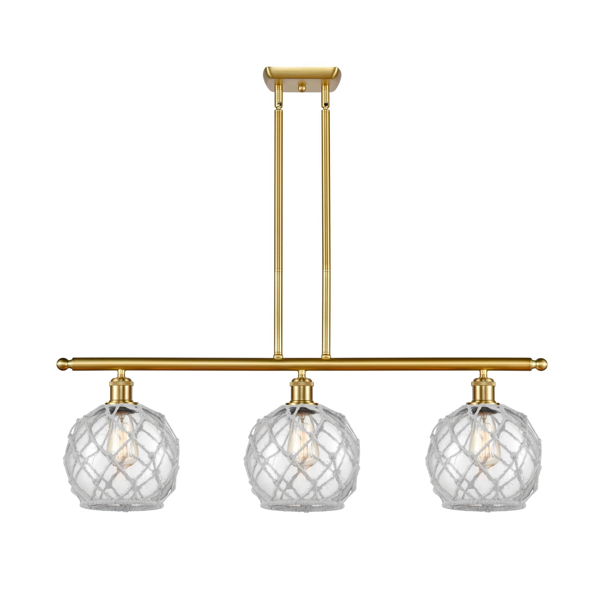 Shown in Satin Gold finish and Clear Farmhousewith White Rope glass