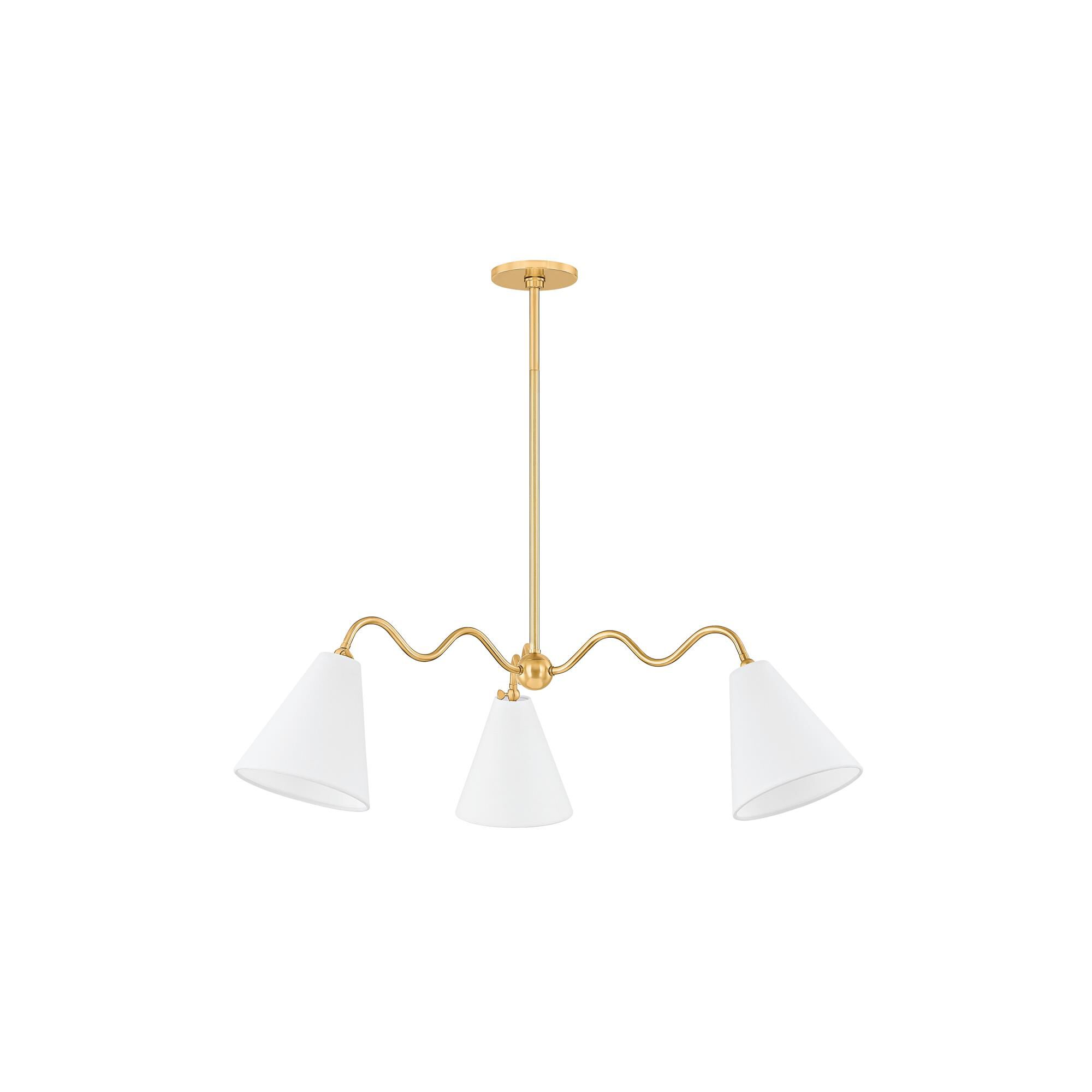 Shown in Aged Brass finish and White Linen shade