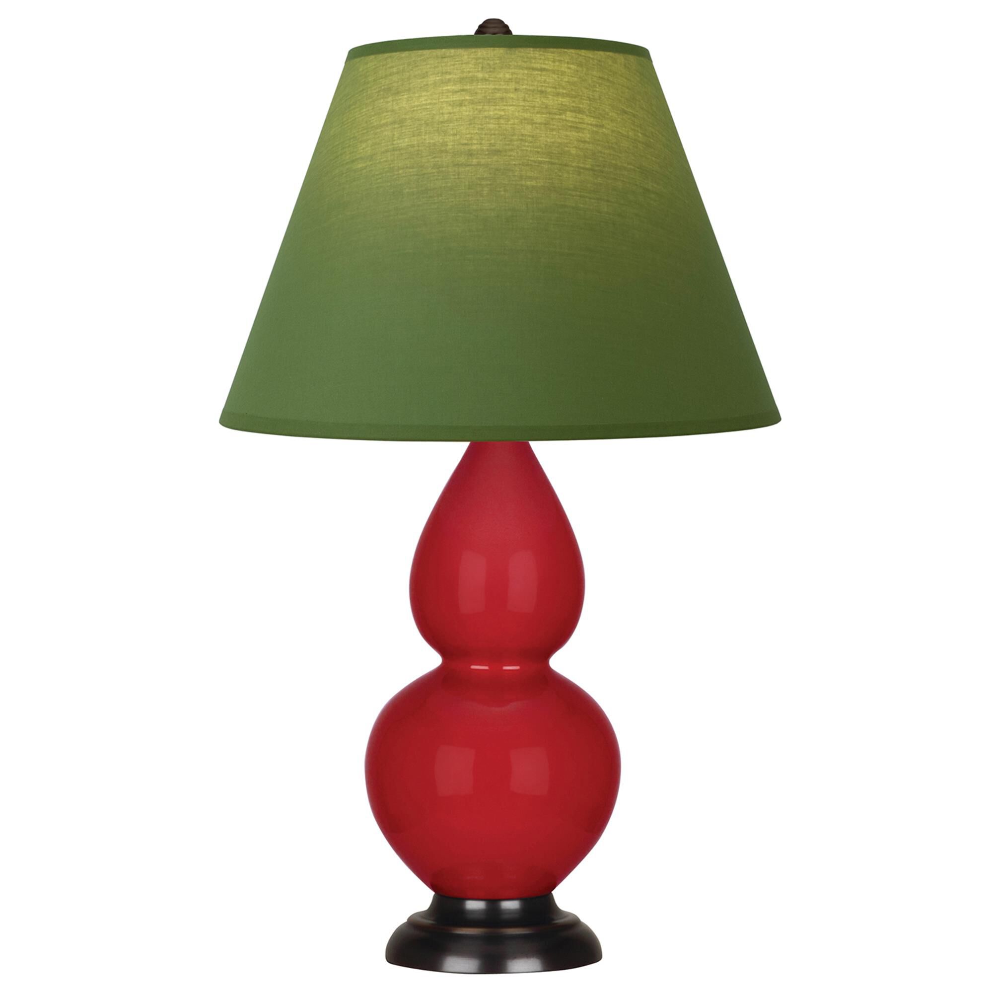 Shown in Ruby Red finish and Tea Green and Taupe shade and Deep Patina Bronze accent