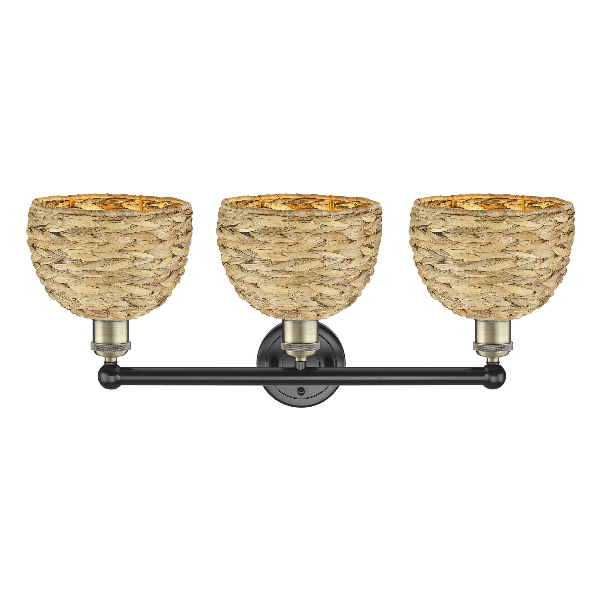 Shown in Black Antique Brass finish and Natural shade