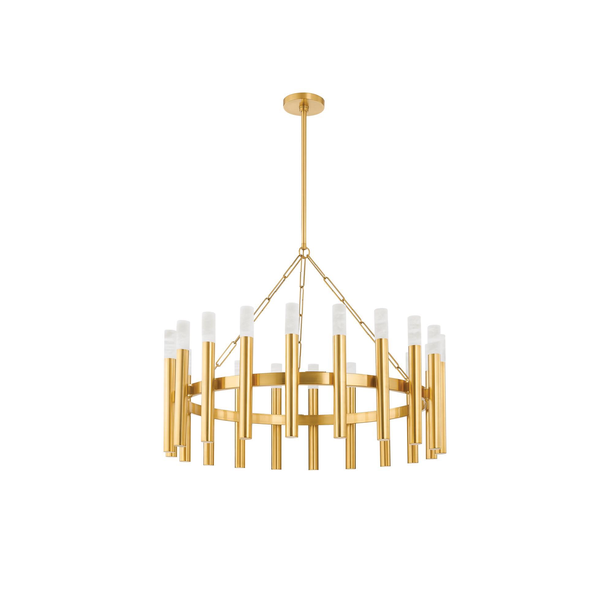 Shown in Aged Brass finish and White Alabaster glass