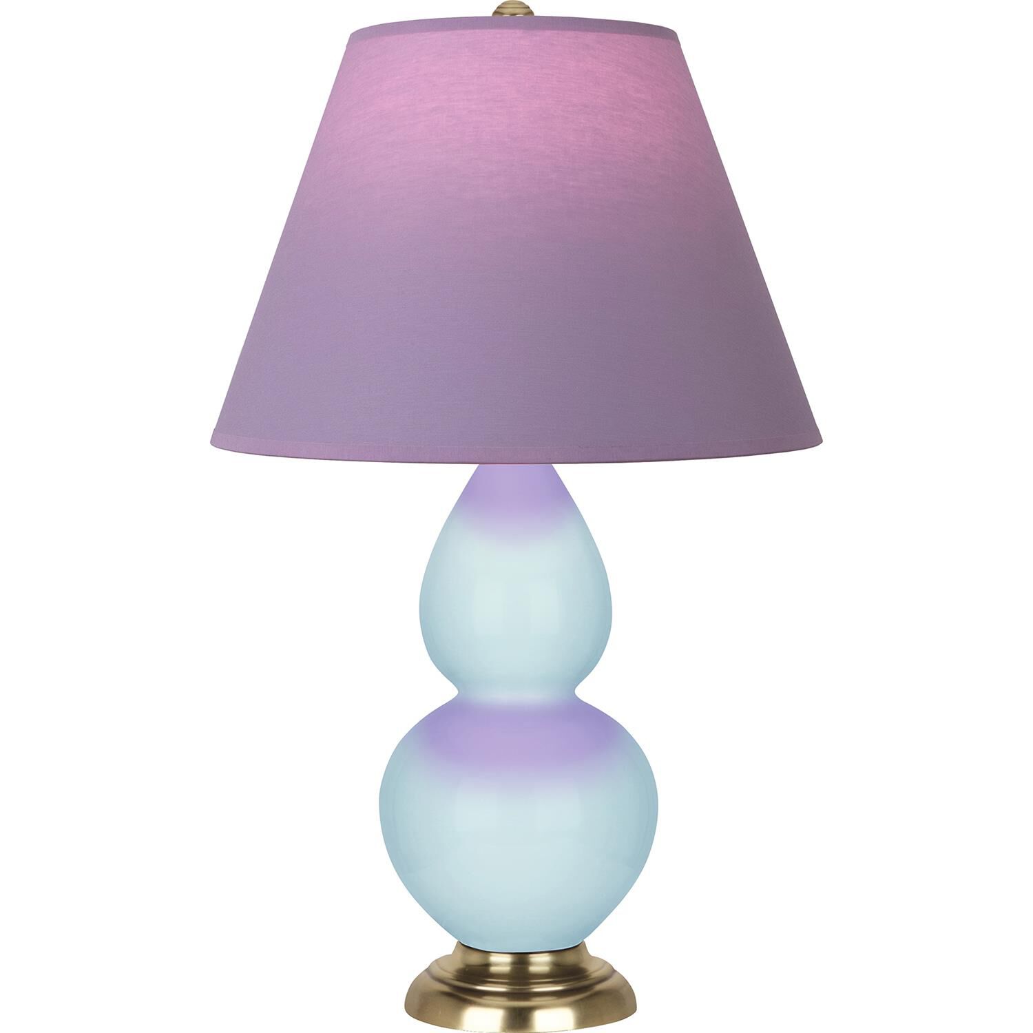 Shown in Baby Blue finish and Lavender and Plum shade and Antique Natural Brass accent