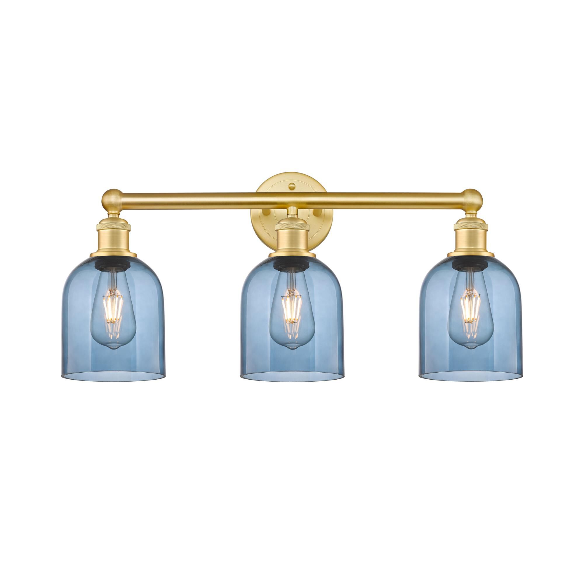 Shown in Satin Gold finish and Princess Blue glass