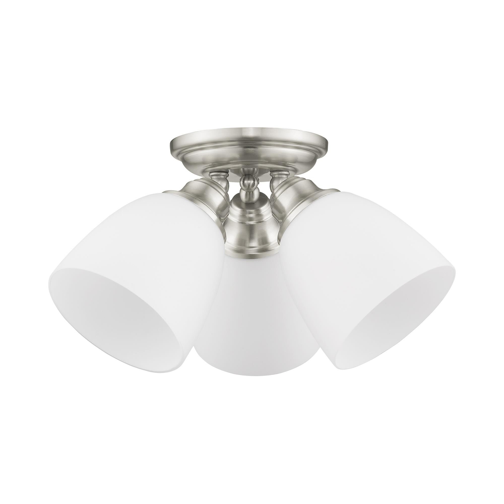 Shown in Brushed Nickel finish and Hand Blown Satin Opal White glass