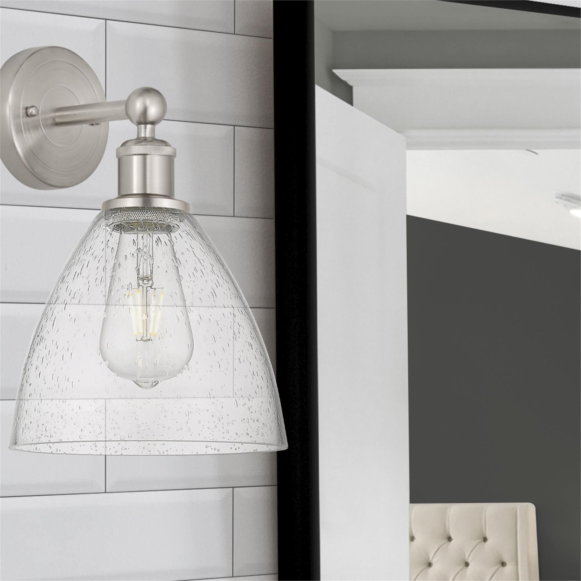 Shown in Brushed Satin Nickel  finish and Seedy glass