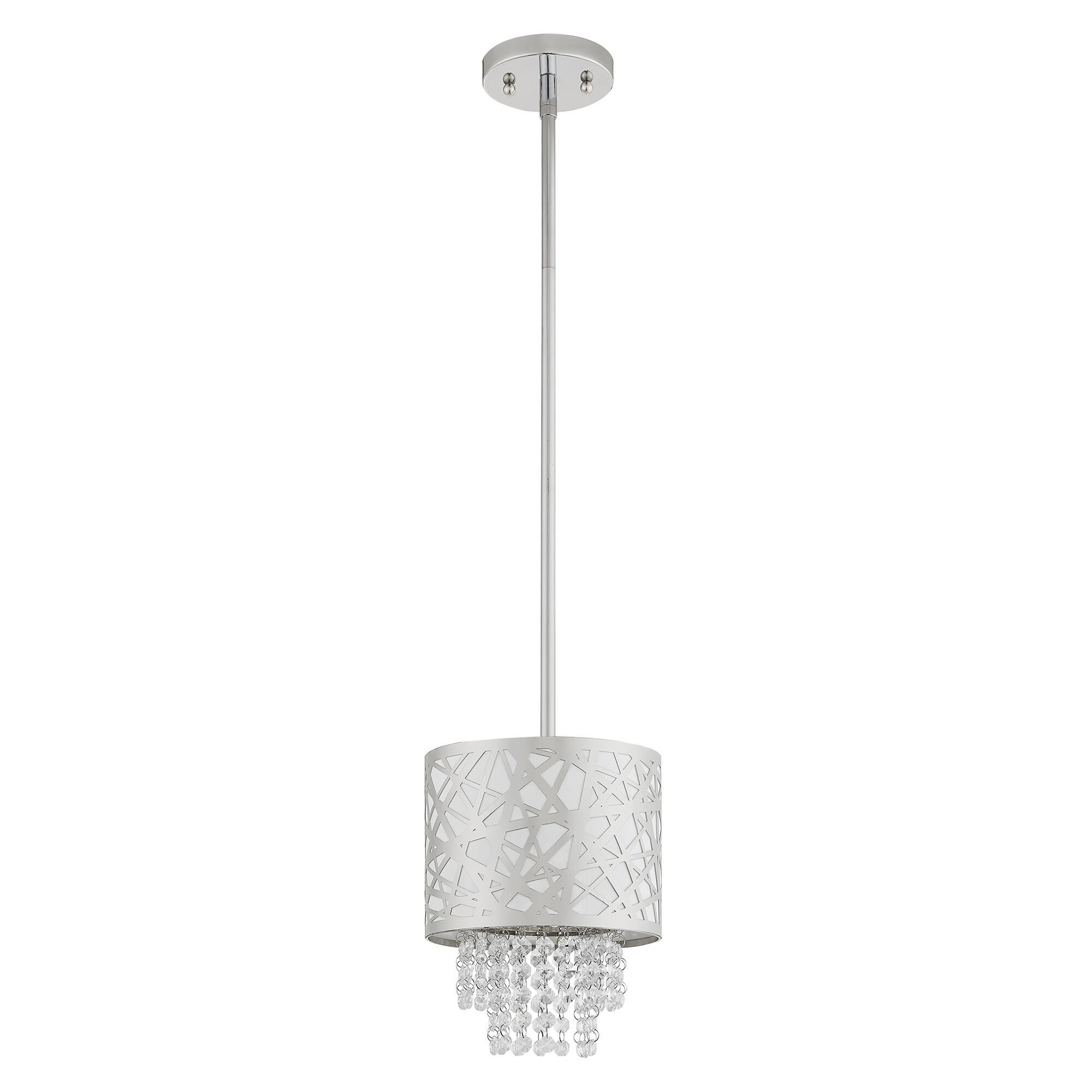 Shown in Polished Chrome finish and Off-White Fabric Hardback  Inside & Clear Crystals shade