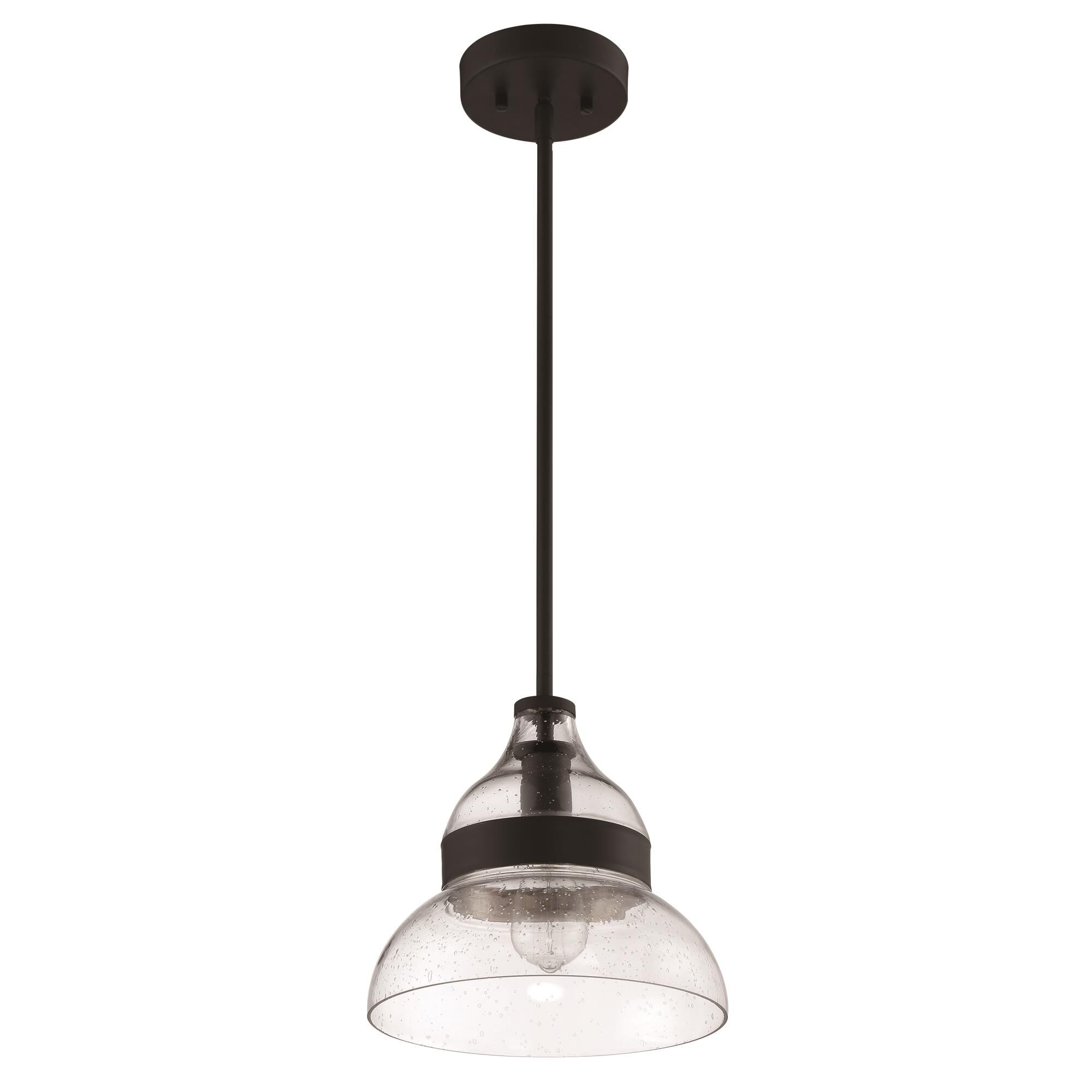 Shown in Flat Black finish and Clear Seeded glass and Glass shade
