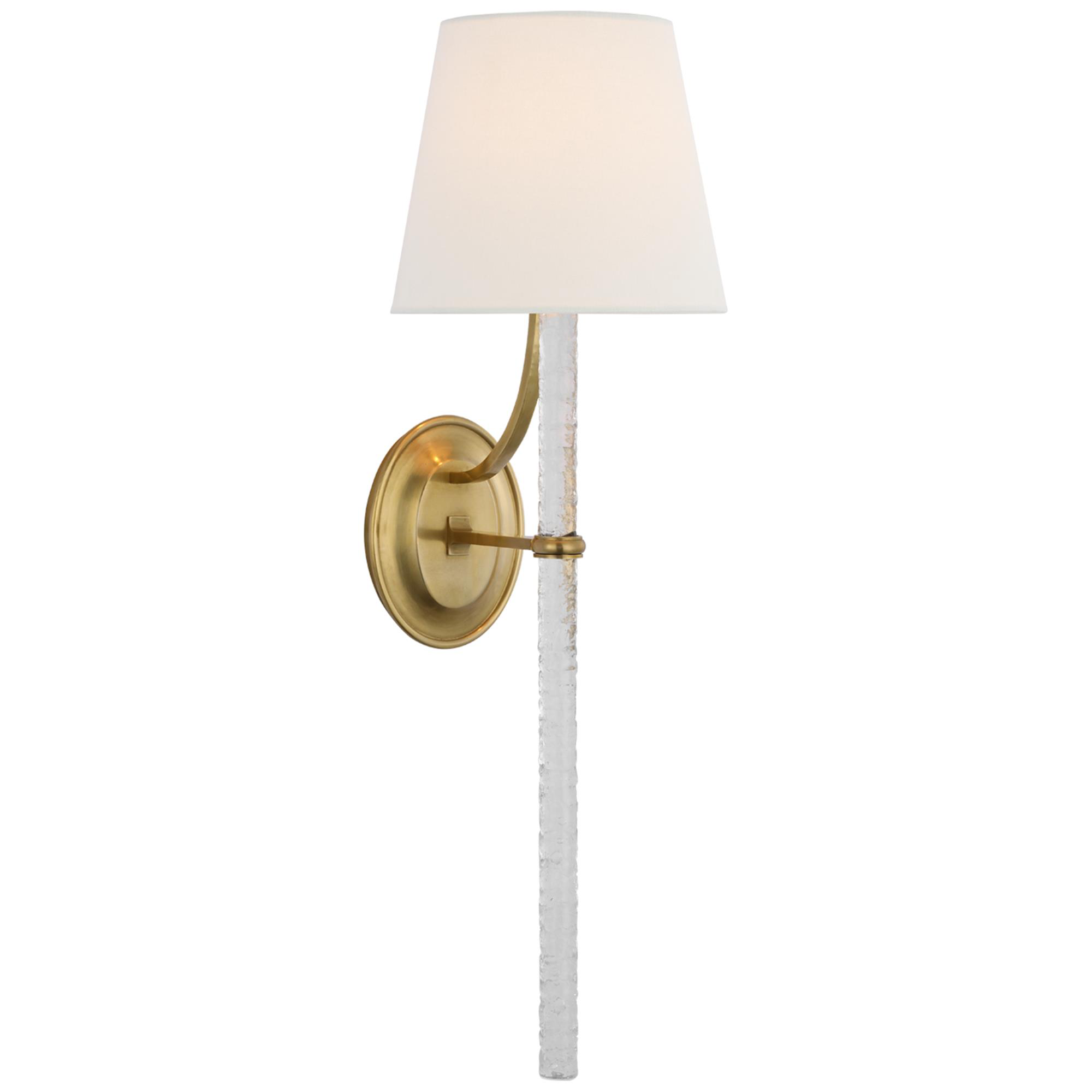 Shown in Soft Brass and Clear Wavy Glass finish and Linen shade