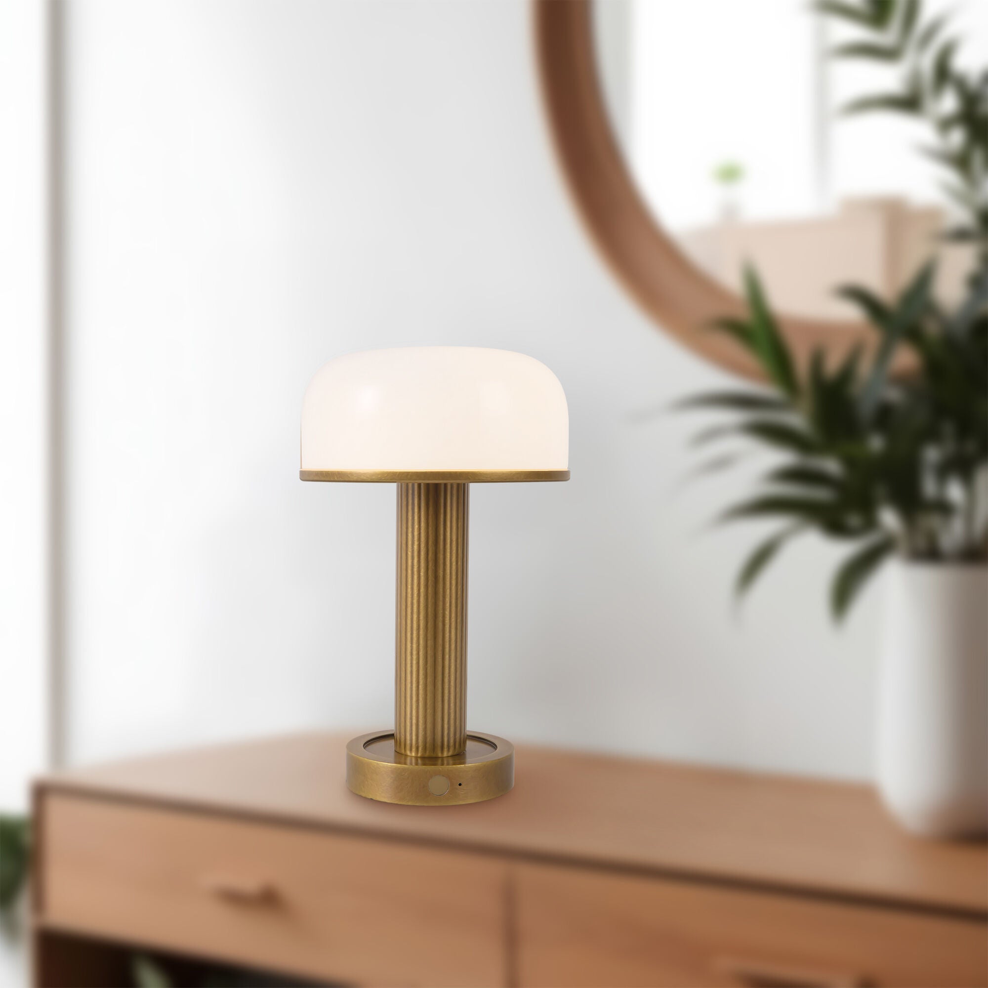 Shown in Vintage Brass finish and Glossy Opal glass