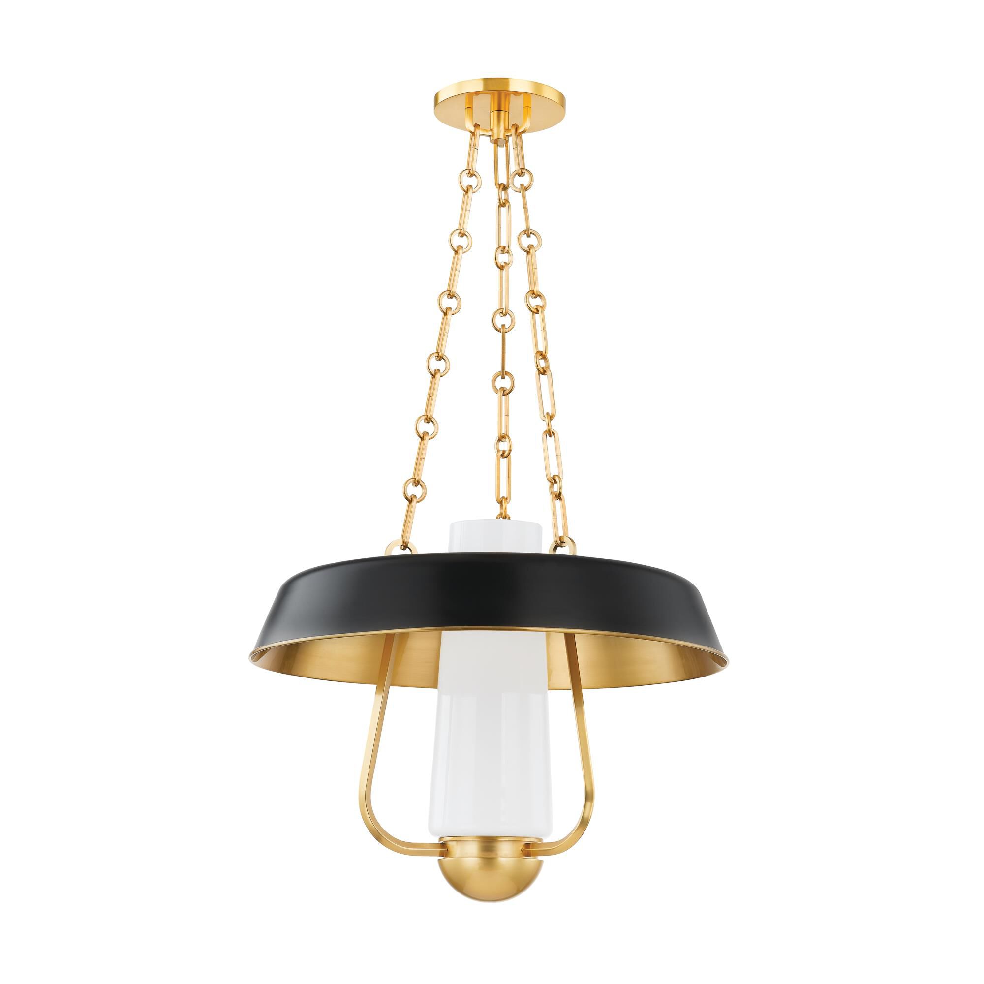Shown in Aged Brass and Soft Black finish and Opal Shiny glass