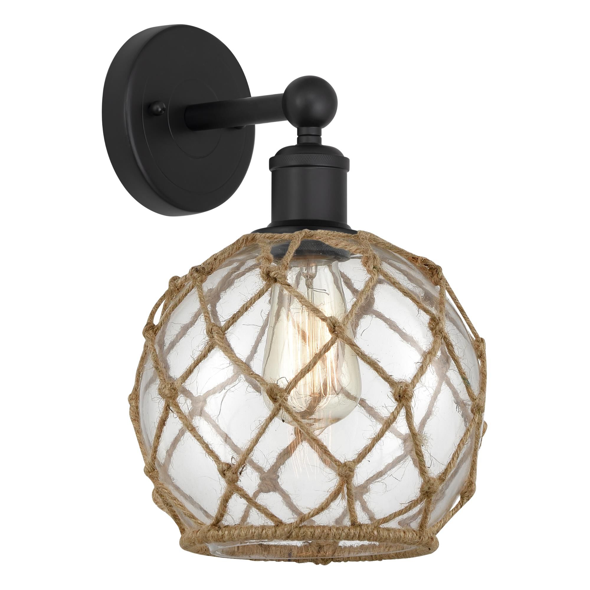 Shown in Matte Black finish and Clear with Brown Rope glass