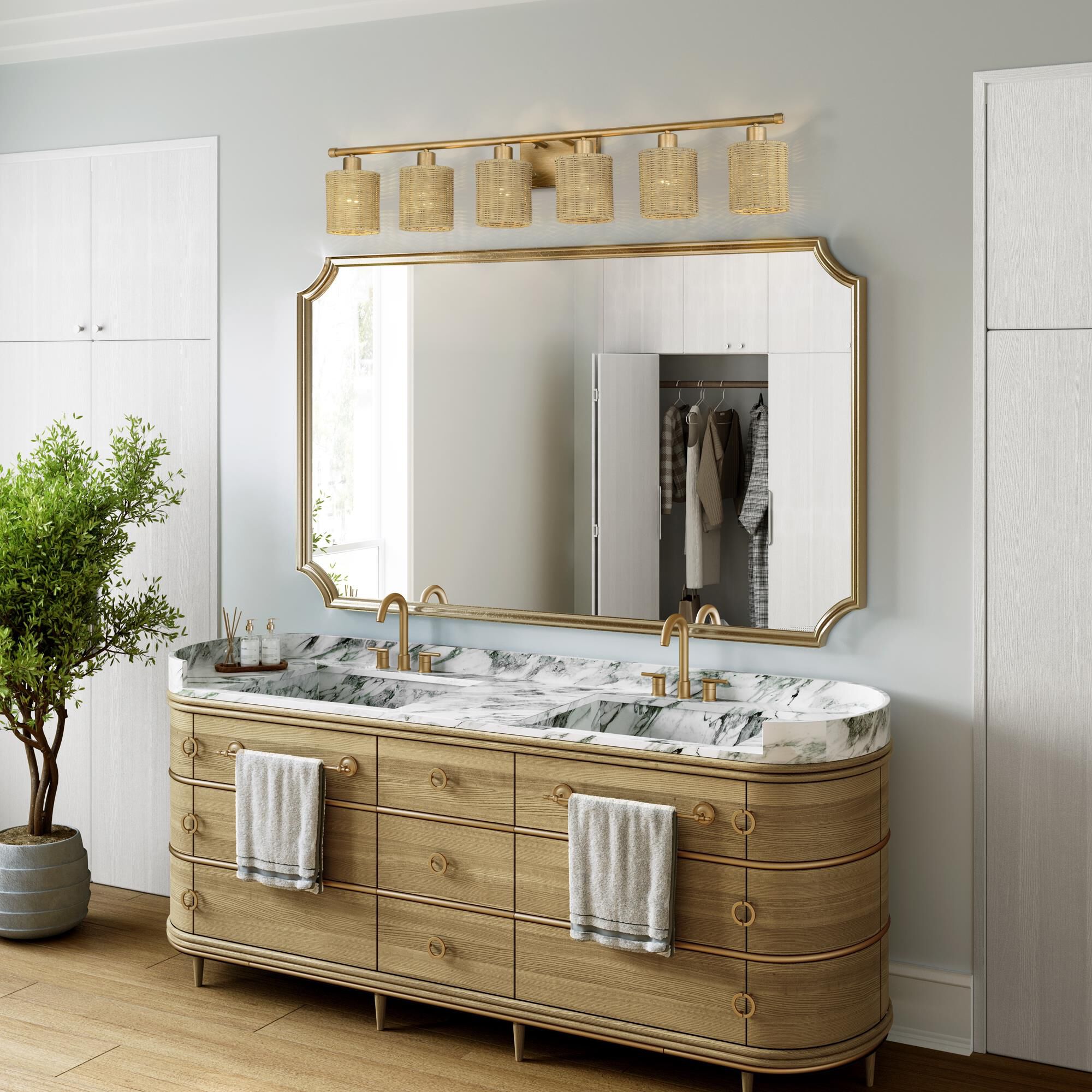 Shown in Antique Gold Leaf finish and Hand-Woven Rustic Walnut Color Rattan shade