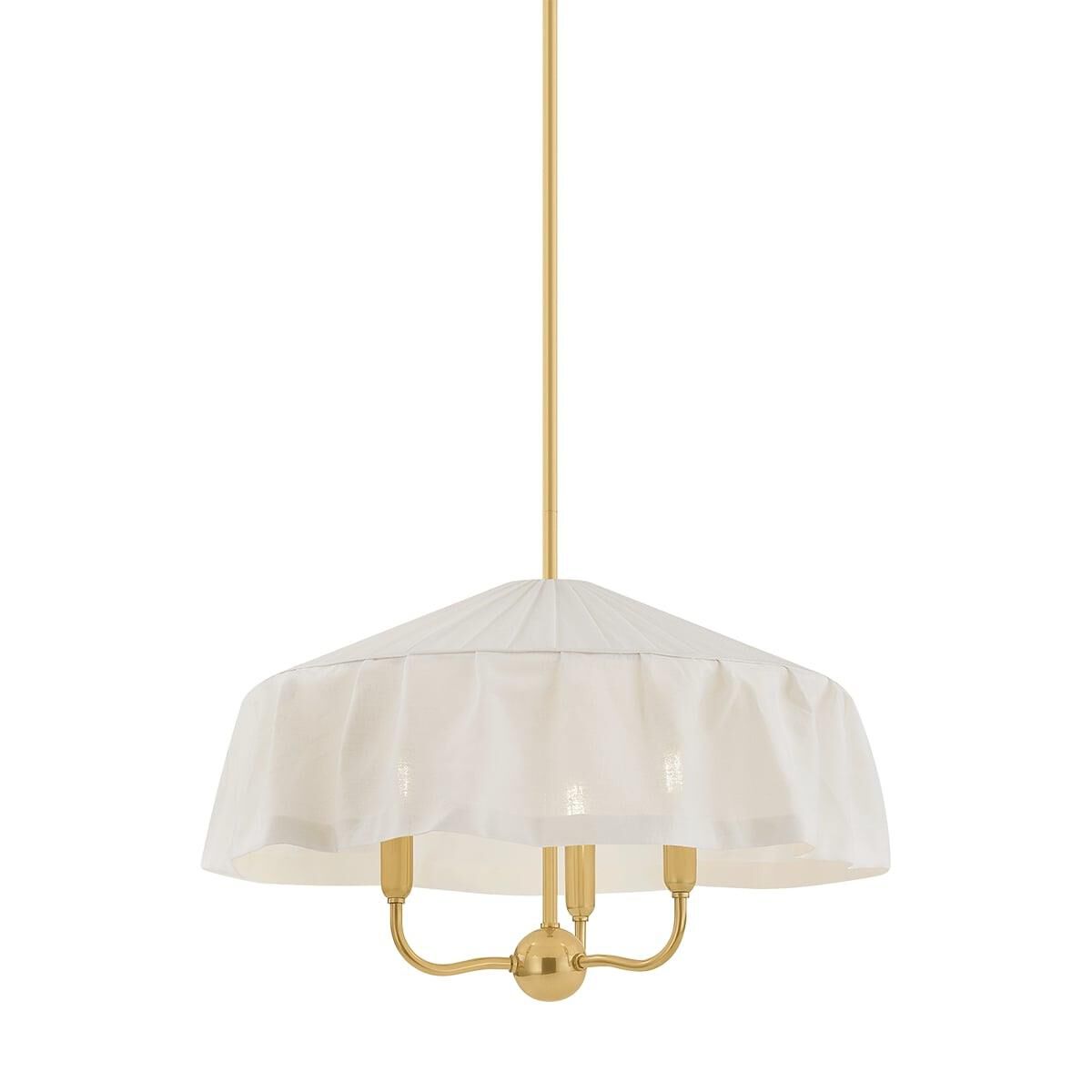Shown in Aged Brass finish and Ivory Linen shade