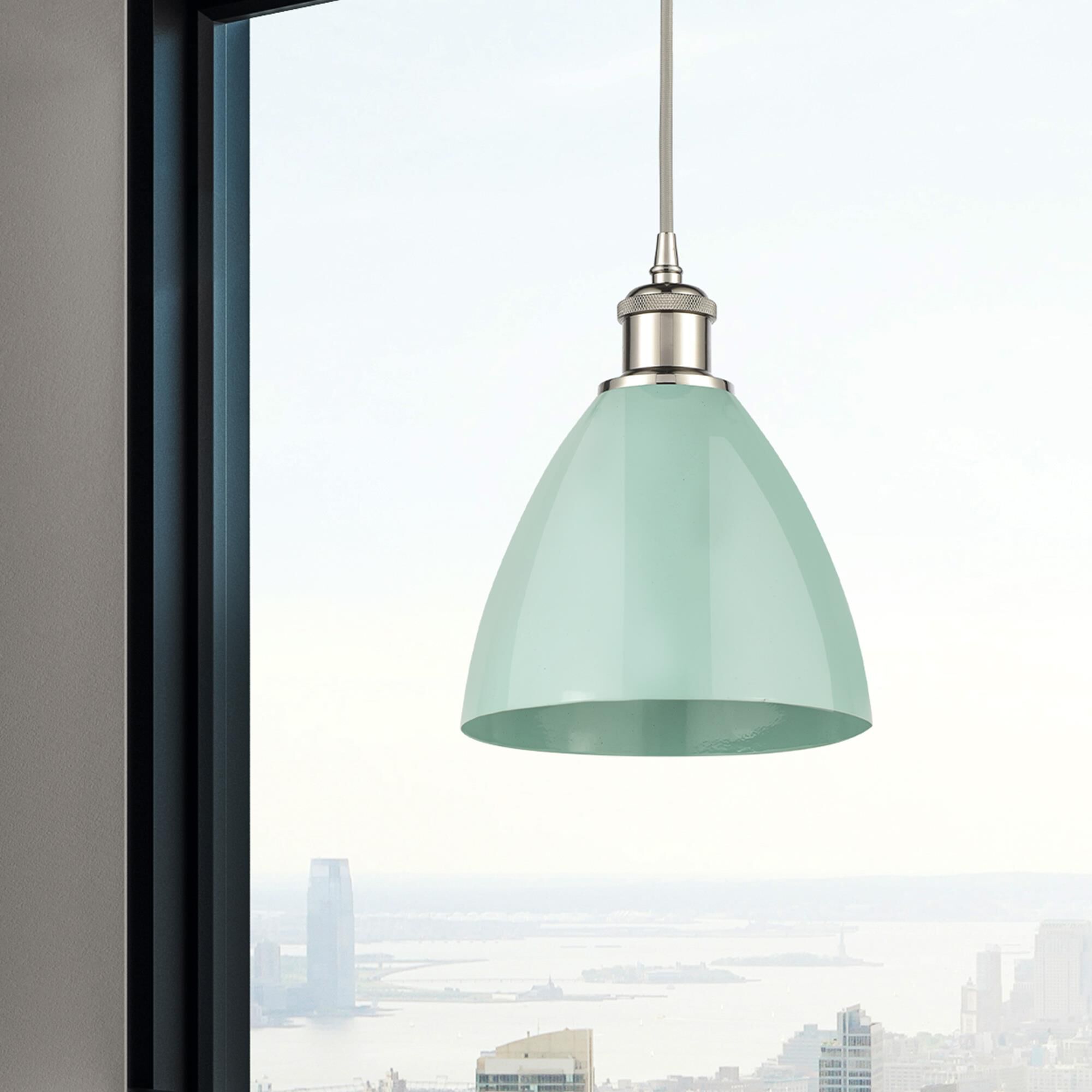 Shown in Polished Nickel finish and Seafoam Plymouth Dome shade