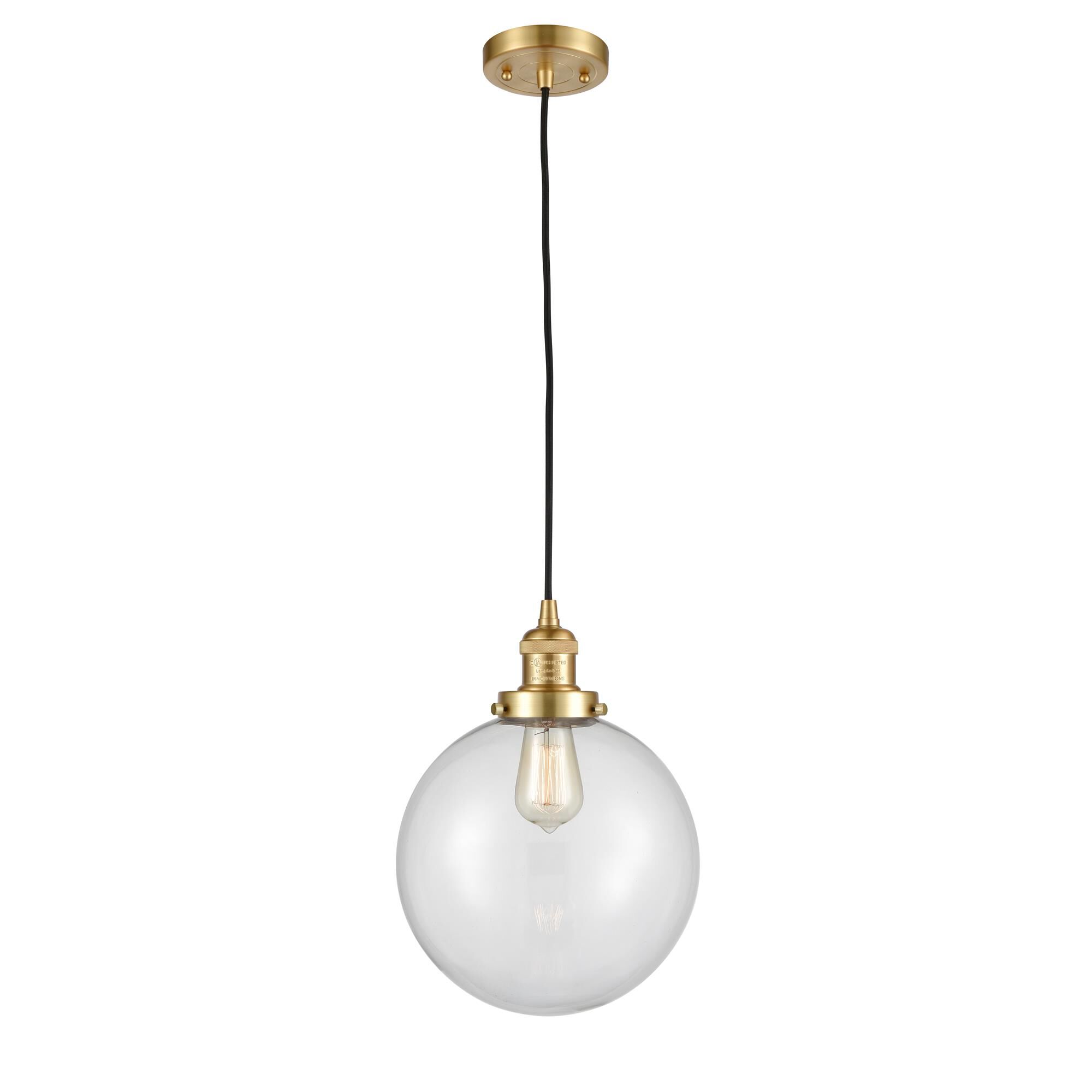 Shown in Satin Gold finish and Clear Beacon glass