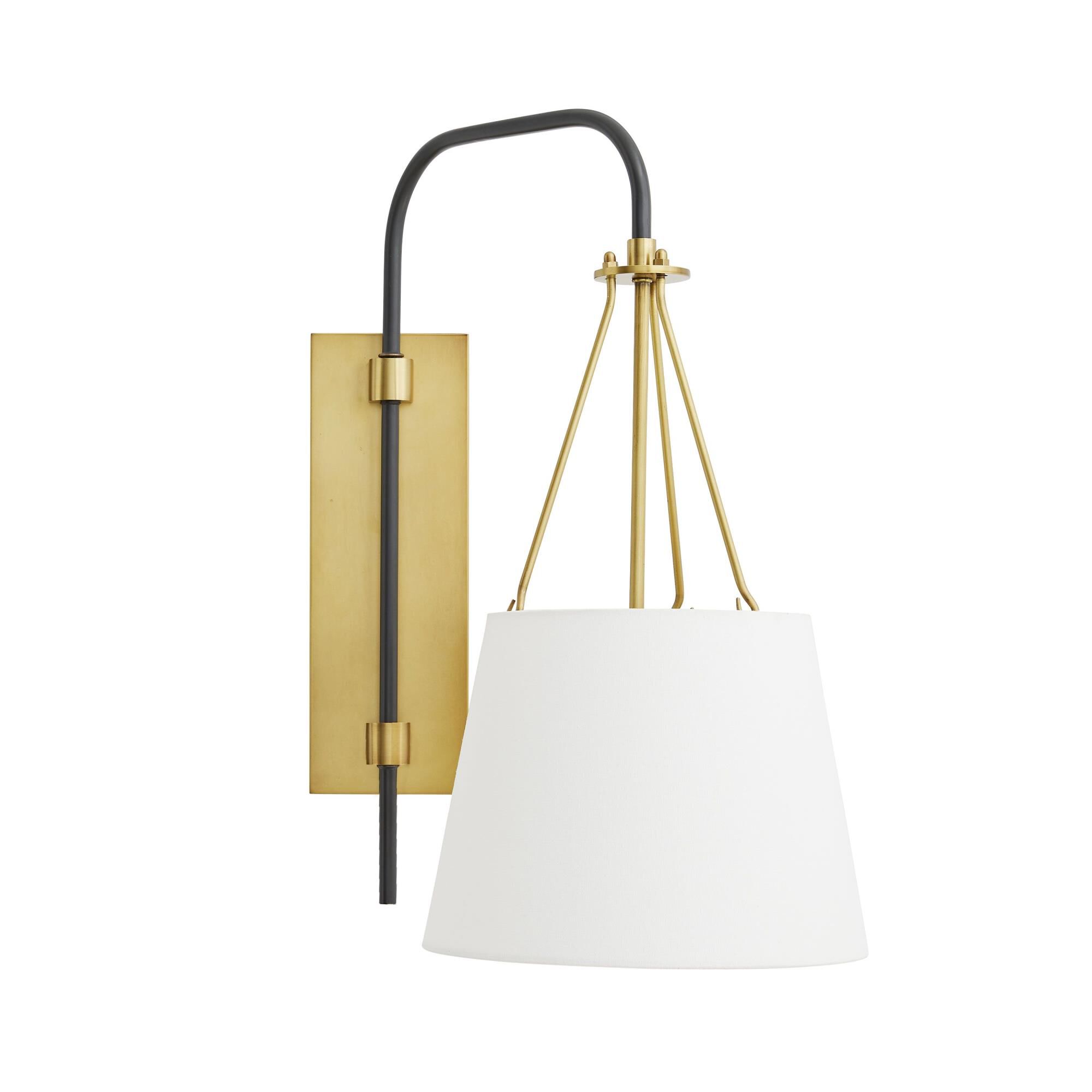 Shown in Brass and Bronze finish and White Linen shade