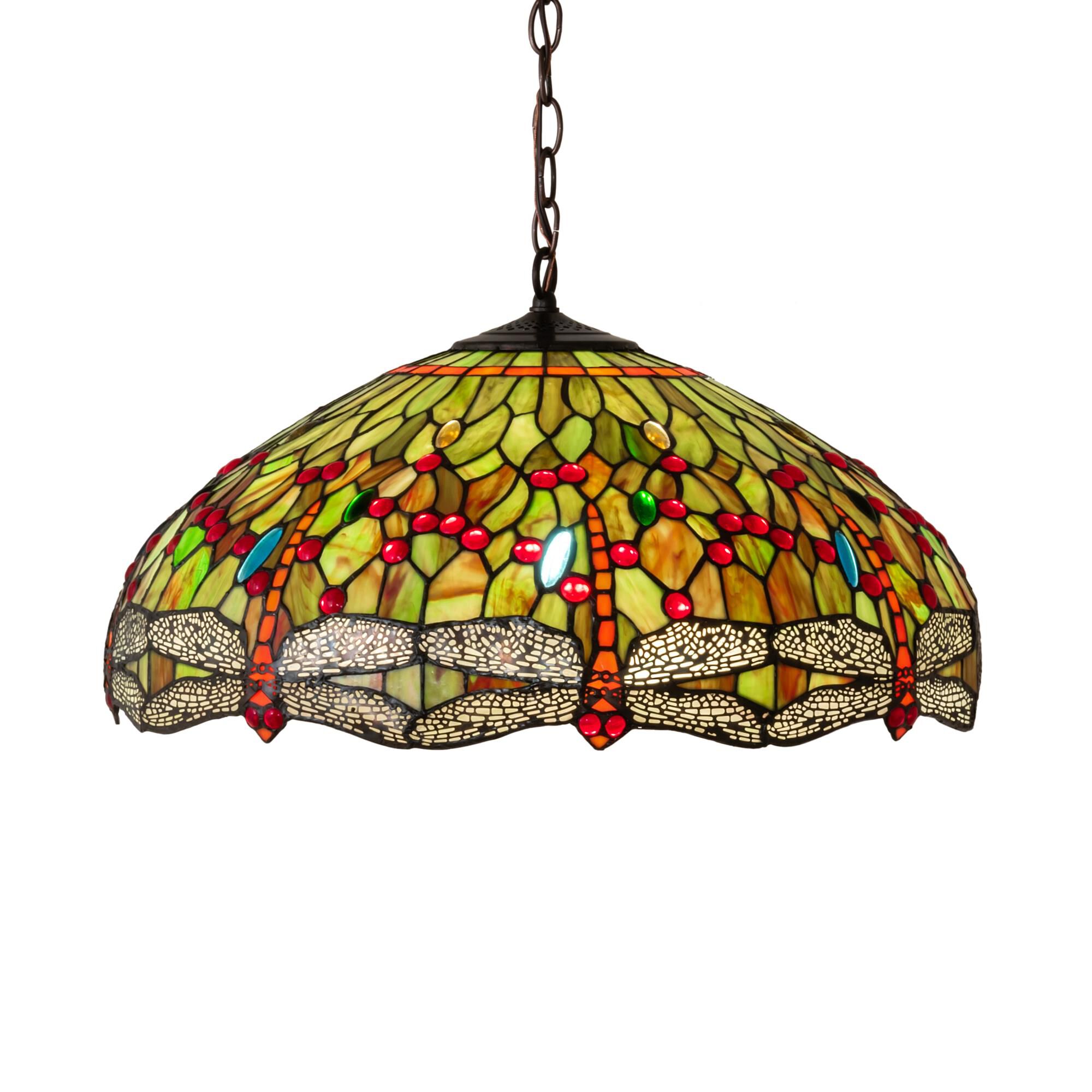 Shown in Mahogany Bronze finish and Amber-Pond Green-Scarlet glass