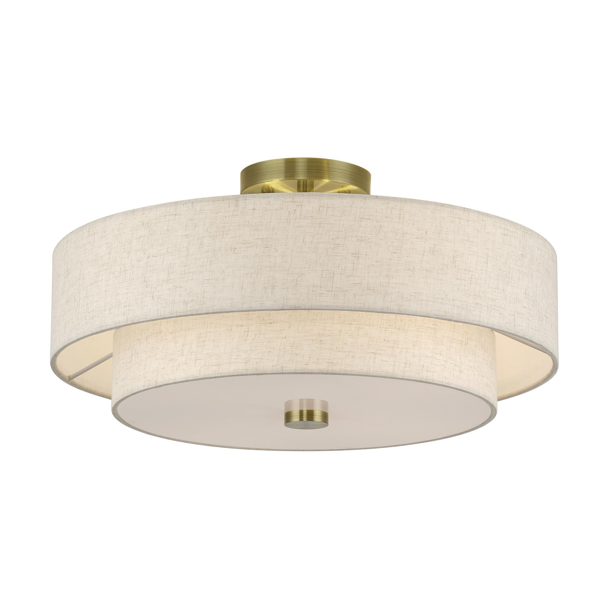 Shown in Antique Brass finish and Hand Crafted Oatmeal Color Fabric with White Color Inside shade