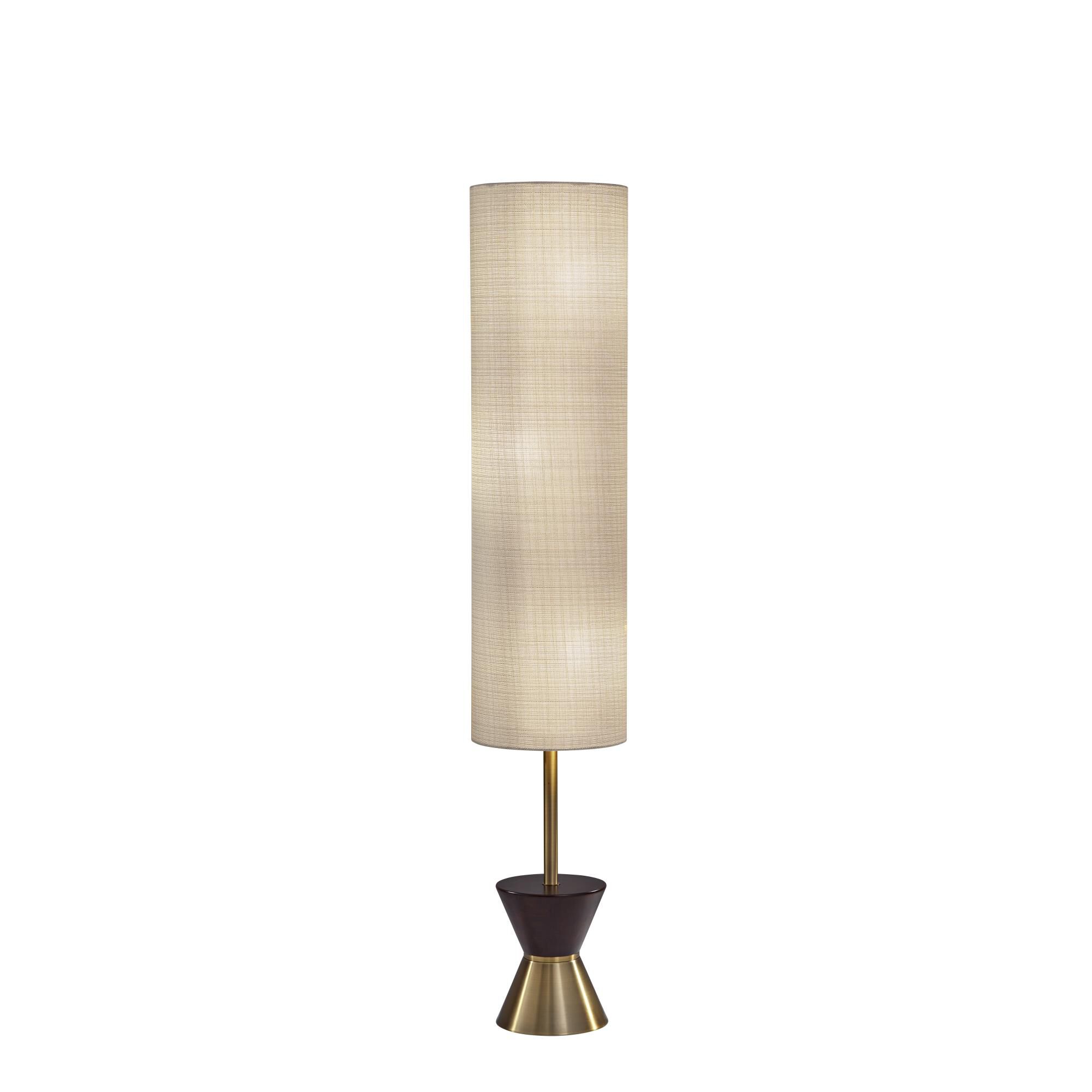 Shown in Antique Brass/Walnut Rubberwood finish and Textured Beige Fabric shade