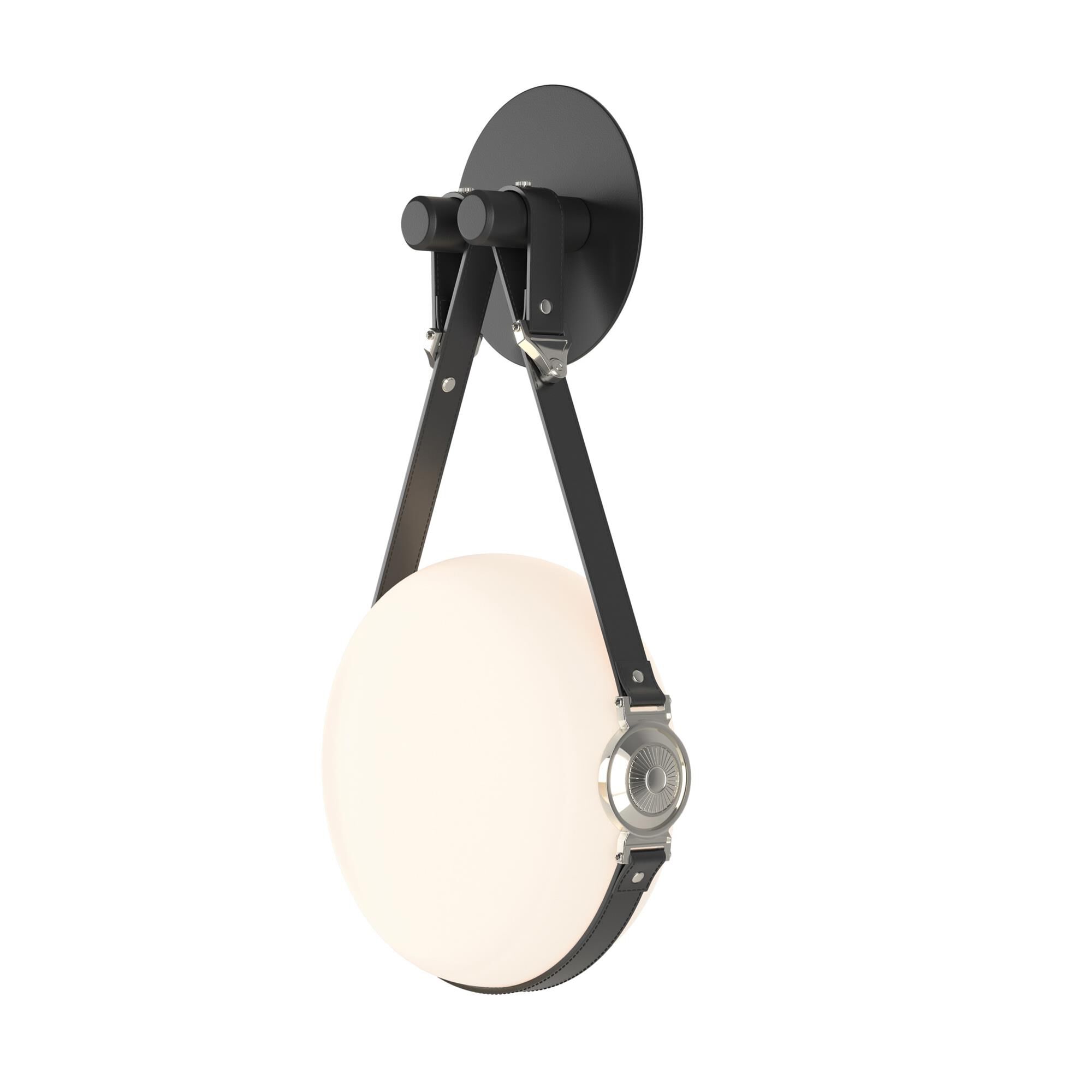 Shown in Black with Polished Nickel finish and Opal glass and Leather Black with Plain Disk accent