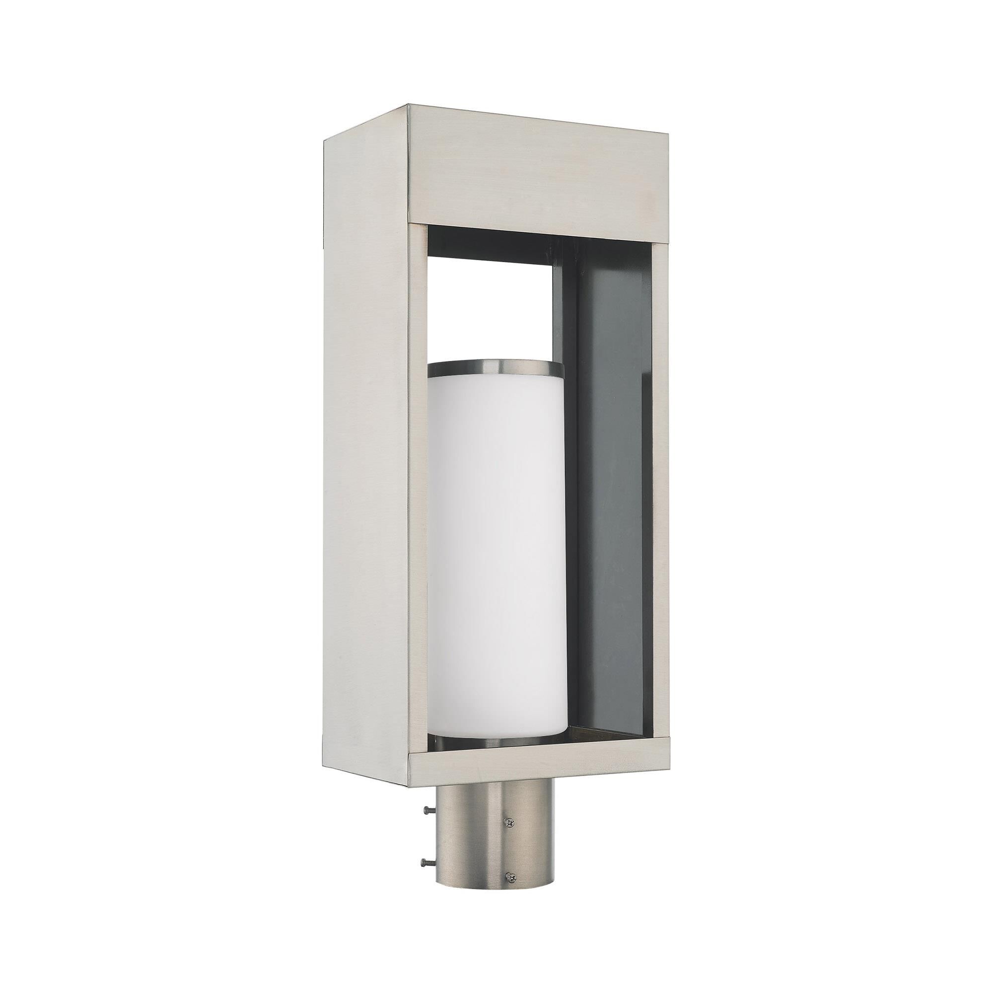 Shown in Brushed Nickel finish and Hand Blown Satin Opal White Cylinder glass