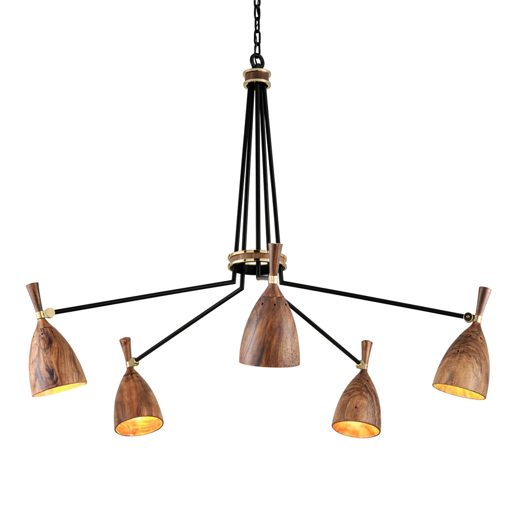 Shown in Satin Black finish and Acacia Wood shade and Polished Brass accent