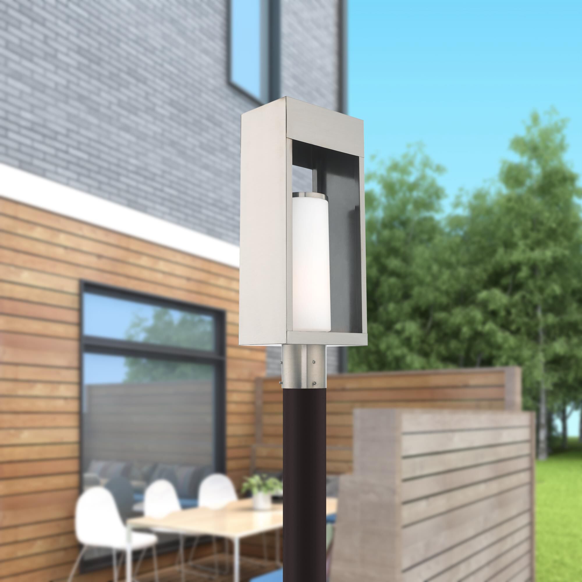 Shown in Brushed Nickel finish and Hand Blown Satin Opal White Cylinder glass