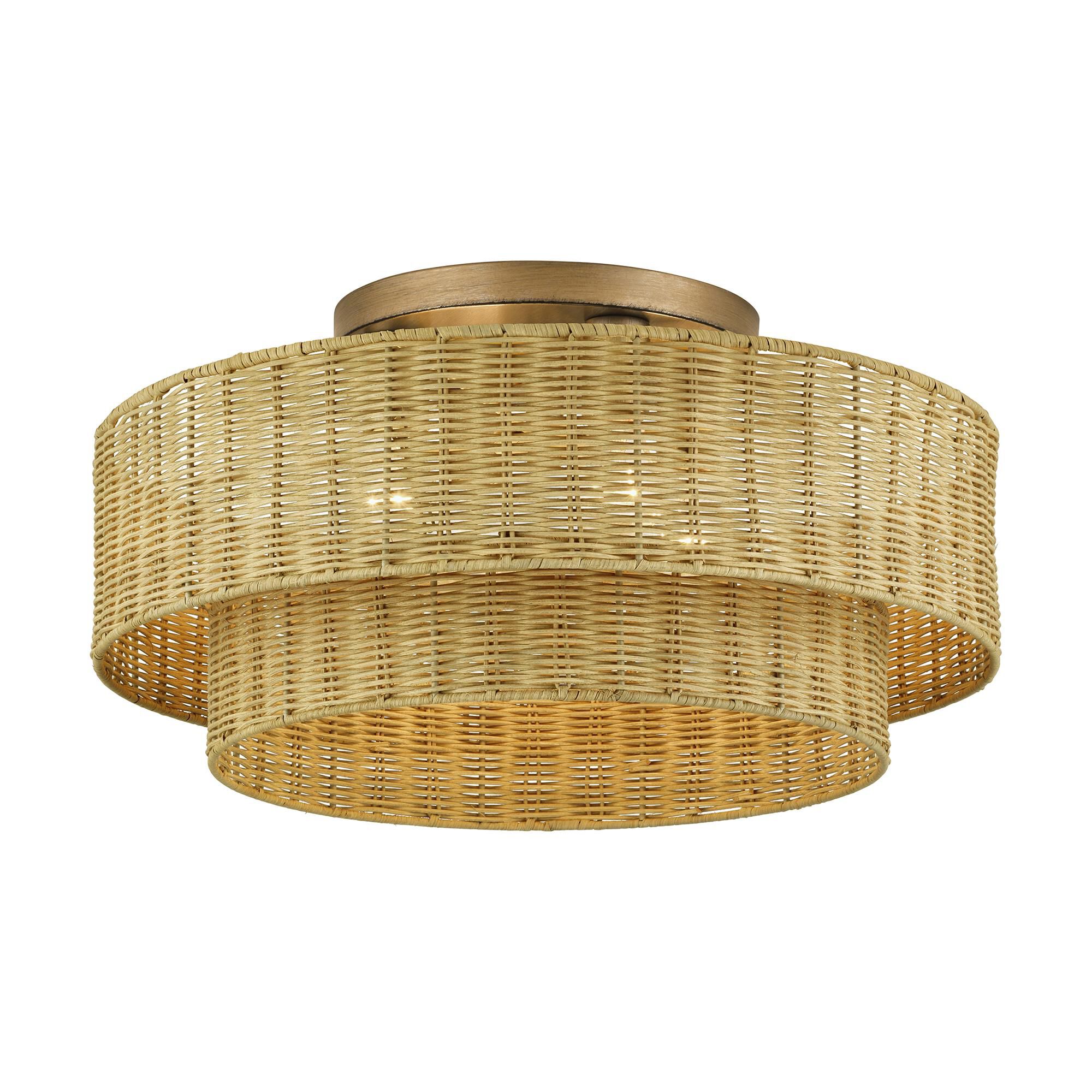 Shown in Antique Gold Leaf finish and Hand-Woven Rustic Walnut Color Rattan shade
