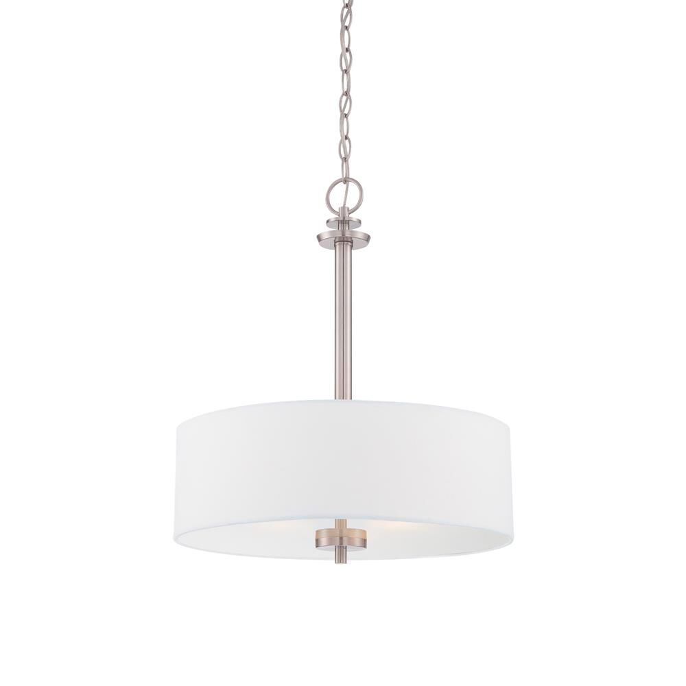 Shown in Satin Platinum finish and White Fabric glass and White Fabric shade