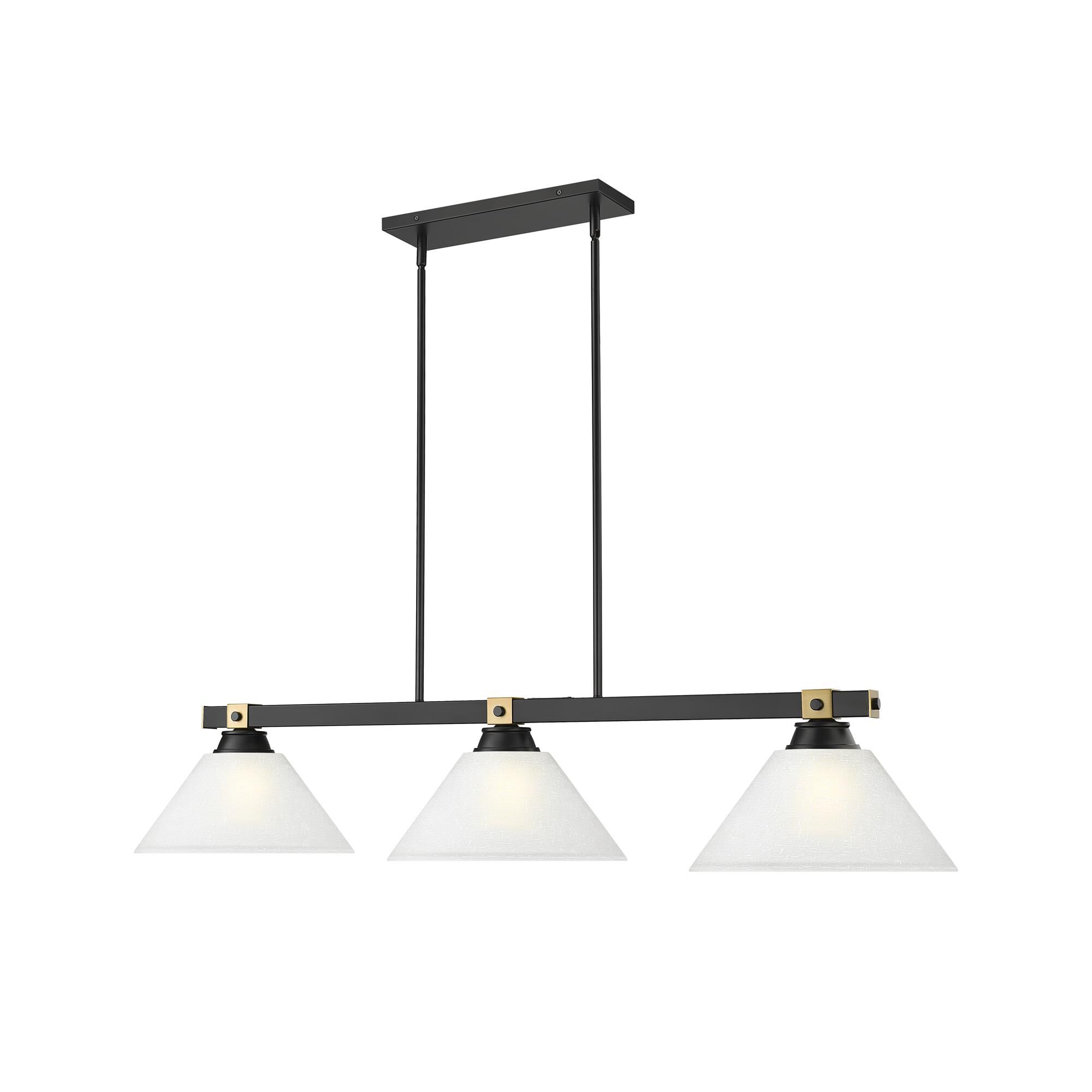 Shown in Matte Black + Rubbed Brass finish and White Linen glass and White Linen shade