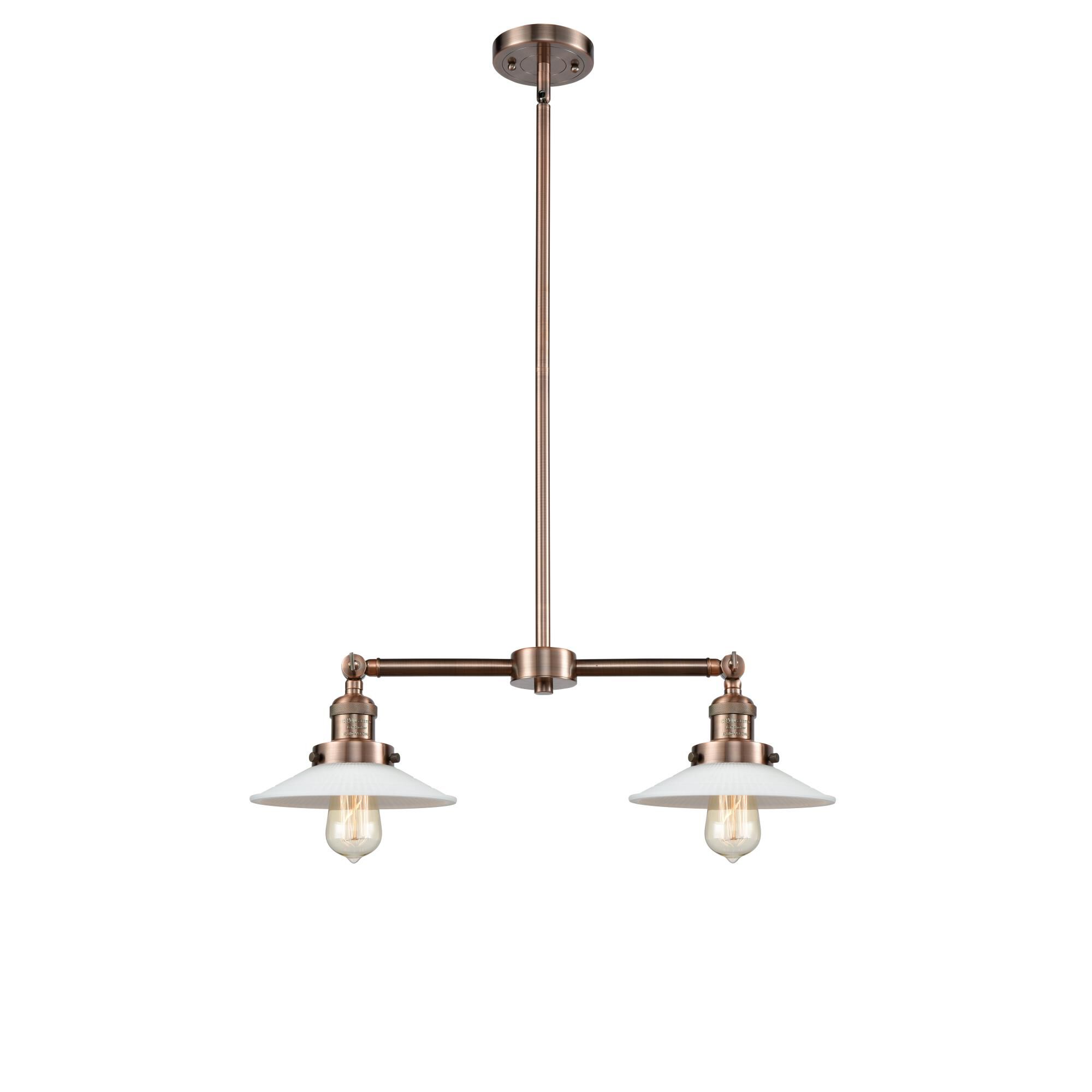 Shown in Antique Copper finish and Matte White Halophane - Cone glass